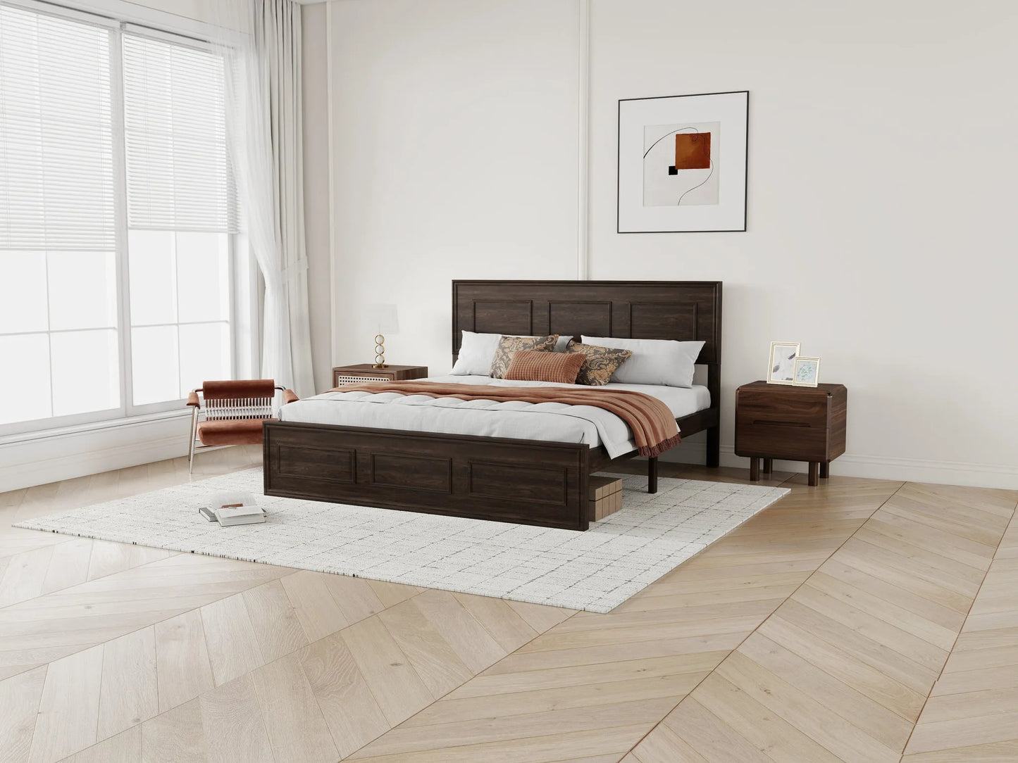 Queen Size Bed with Adjustable Height Headboard, Pine Wood Bed with Strengthened Bed Frame, White detail view 49
