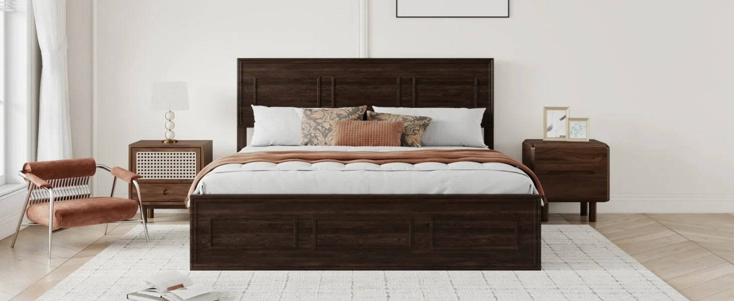 Queen Size Bed with Adjustable Height Headboard, Pine Wood Bed with Strengthened Bed Frame, White detail view 54