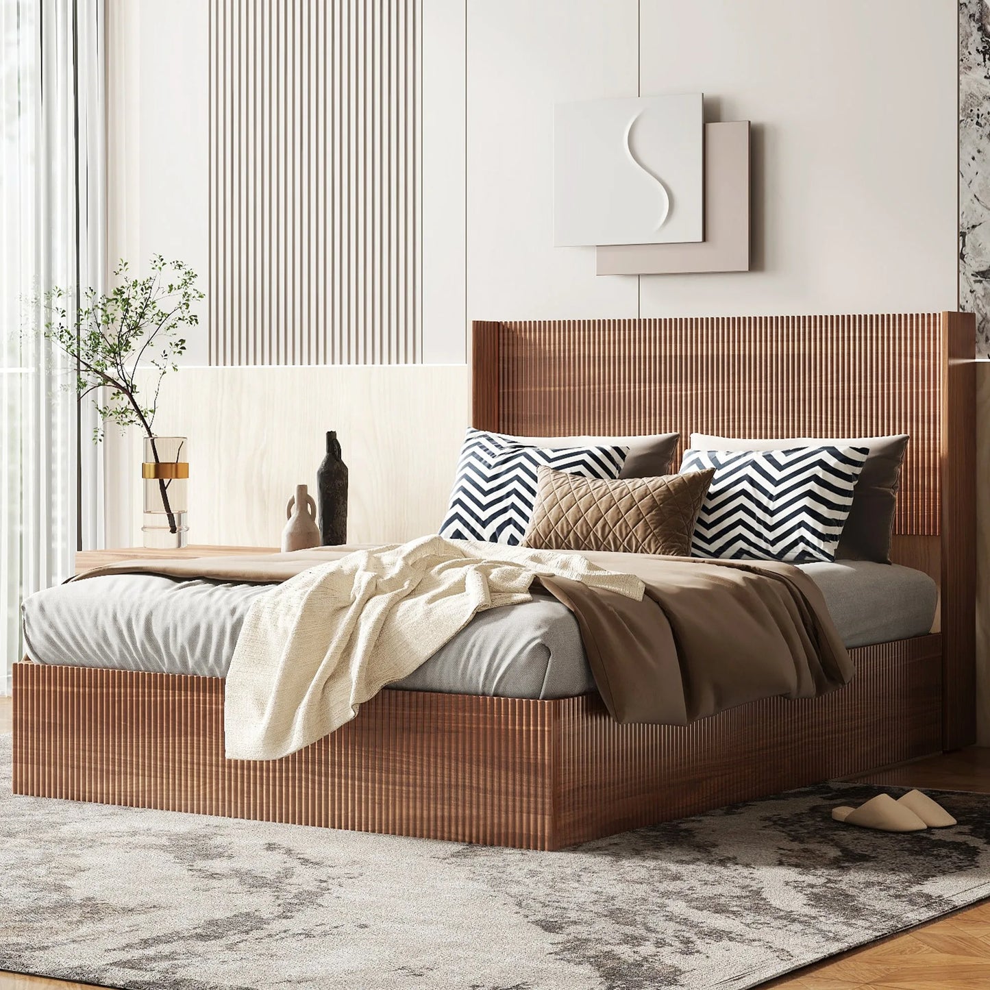 (Queen size) bed frame with a grooved and undulating lifting storage function, featuring a lifting storage feature, safe and beautiful / without noise, a wooden slat platform bed frame in a natural lifestyle view