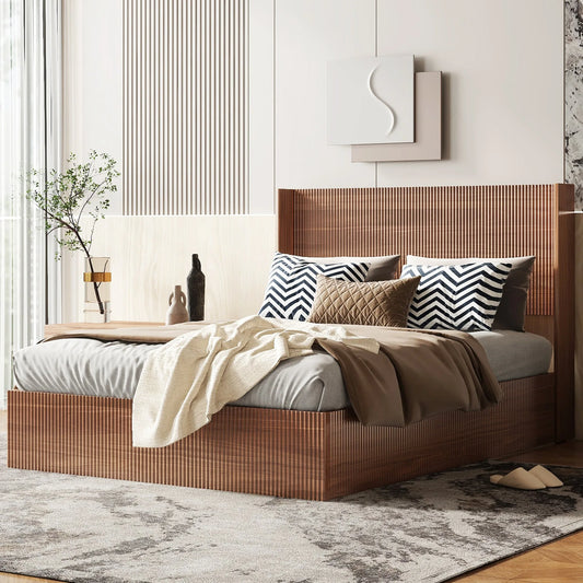 (Queen size) bed frame with a grooved and undulating lifting storage function, featuring a lifting storage feature, safe and beautiful / without noise, a wooden slat platform bed frame in a natural lifestyle view