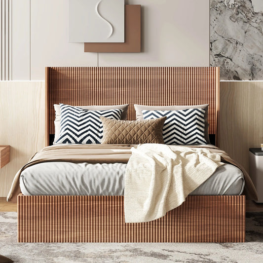 (Queen size) bed frame with a grooved and undulating lifting storage function, featuring a lifting storage feature, safe and beautiful / without noise, a wooden slat platform bed frame in a natural detail view 2