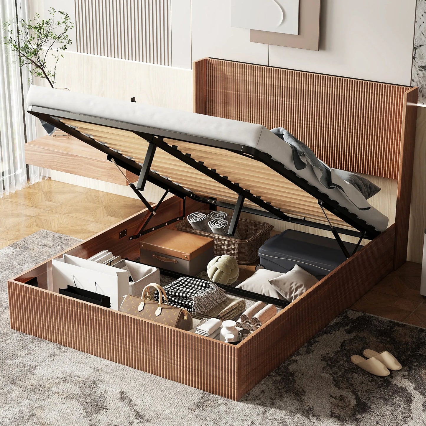 (Queen size) bed frame with a grooved and undulating lifting storage function, featuring a lifting storage feature, safe and beautiful / without noise, a wooden slat platform bed frame in a natural detail view 3