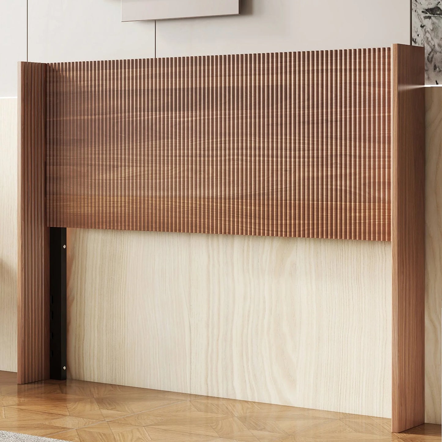 (Queen size) bed frame with a grooved and undulating lifting storage function, featuring a lifting storage feature, safe and beautiful / without noise, a wooden slat platform bed frame in a natural detail view 4