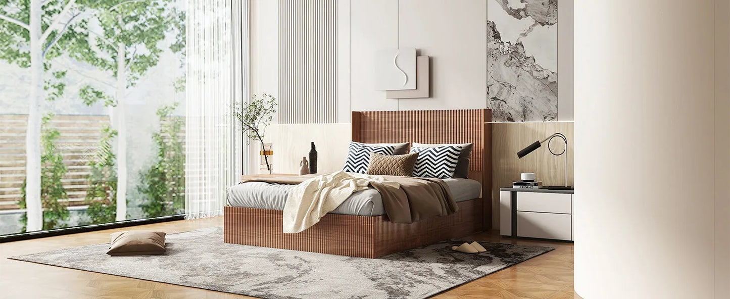 (Queen size) bed frame with a grooved and undulating lifting storage function, featuring a lifting storage feature, safe and beautiful / without noise, a wooden slat platform bed frame in a natural detail view 5