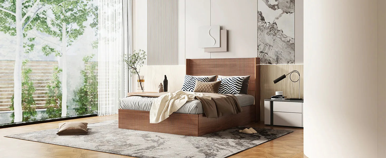 (Queen size) bed frame with a grooved and undulating lifting storage function, featuring a lifting storage feature, safe and beautiful / without noise, a wooden slat platform bed frame in a natural detail view 5