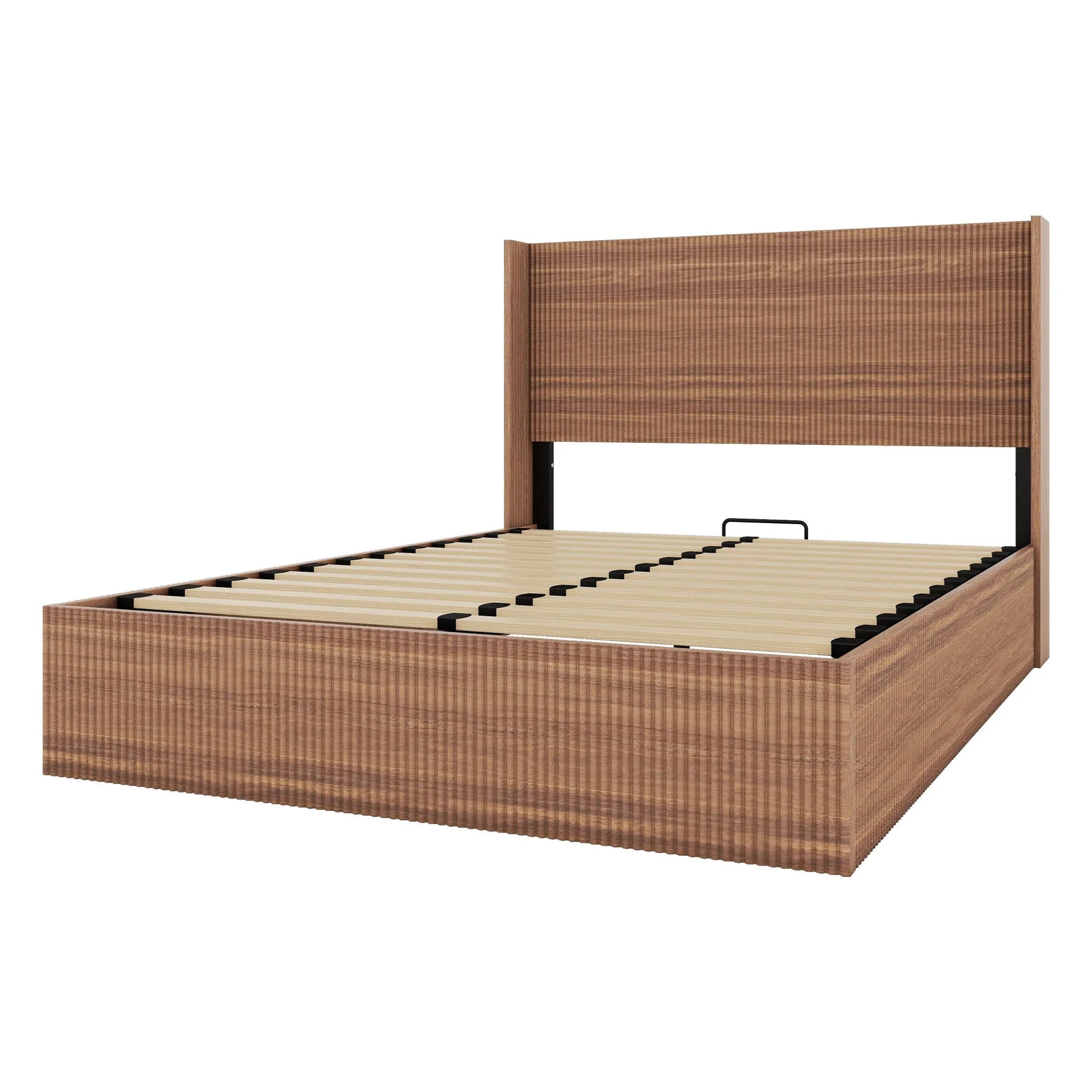 (Queen size) bed frame with a grooved and undulating lifting storage function, featuring a lifting storage feature, safe and beautiful / without noise, a wooden slat platform bed frame in a natural detail view 6