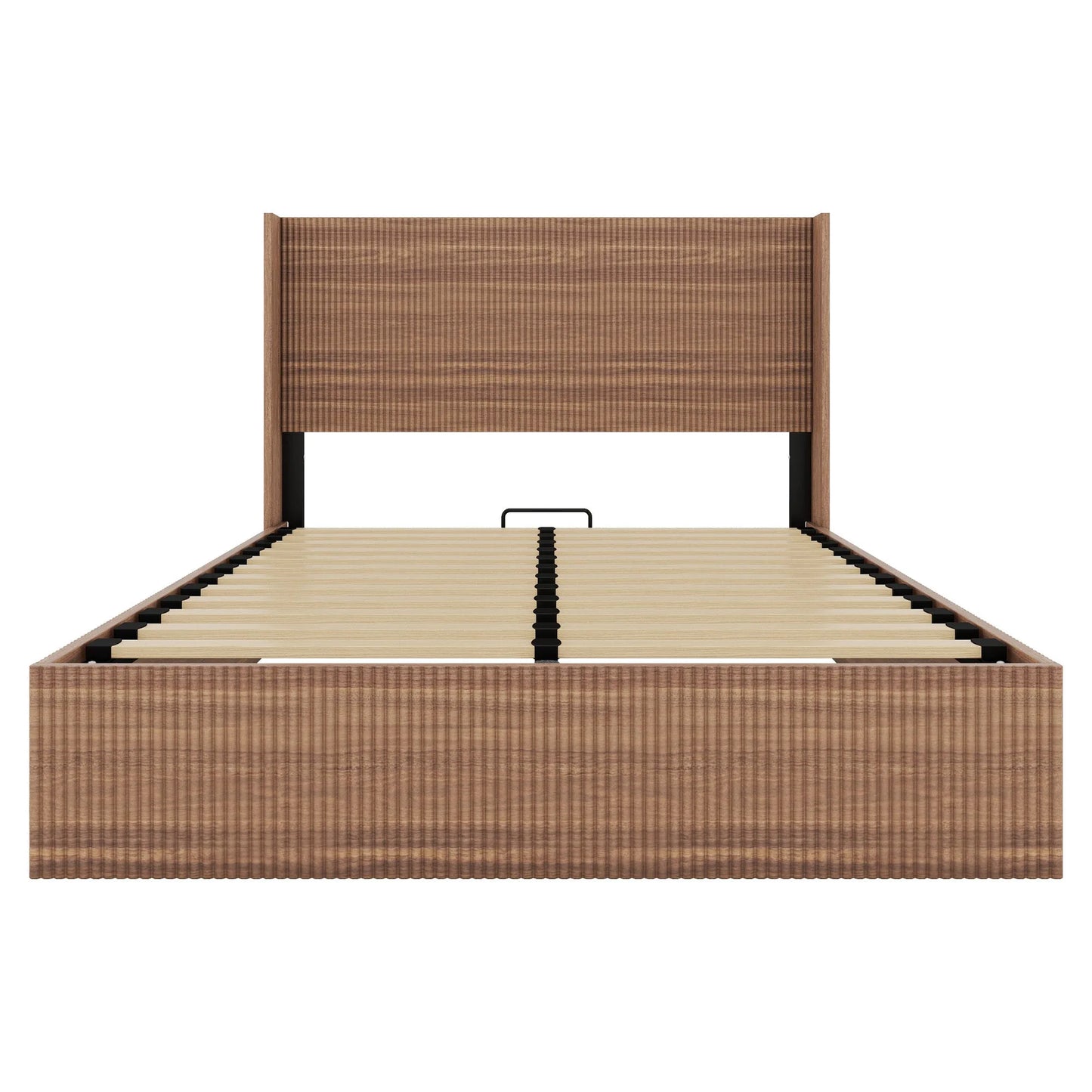 (Queen size) bed frame with a grooved and undulating lifting storage function, featuring a lifting storage feature, safe and beautiful / without noise, a wooden slat platform bed frame in a natural detail view 7