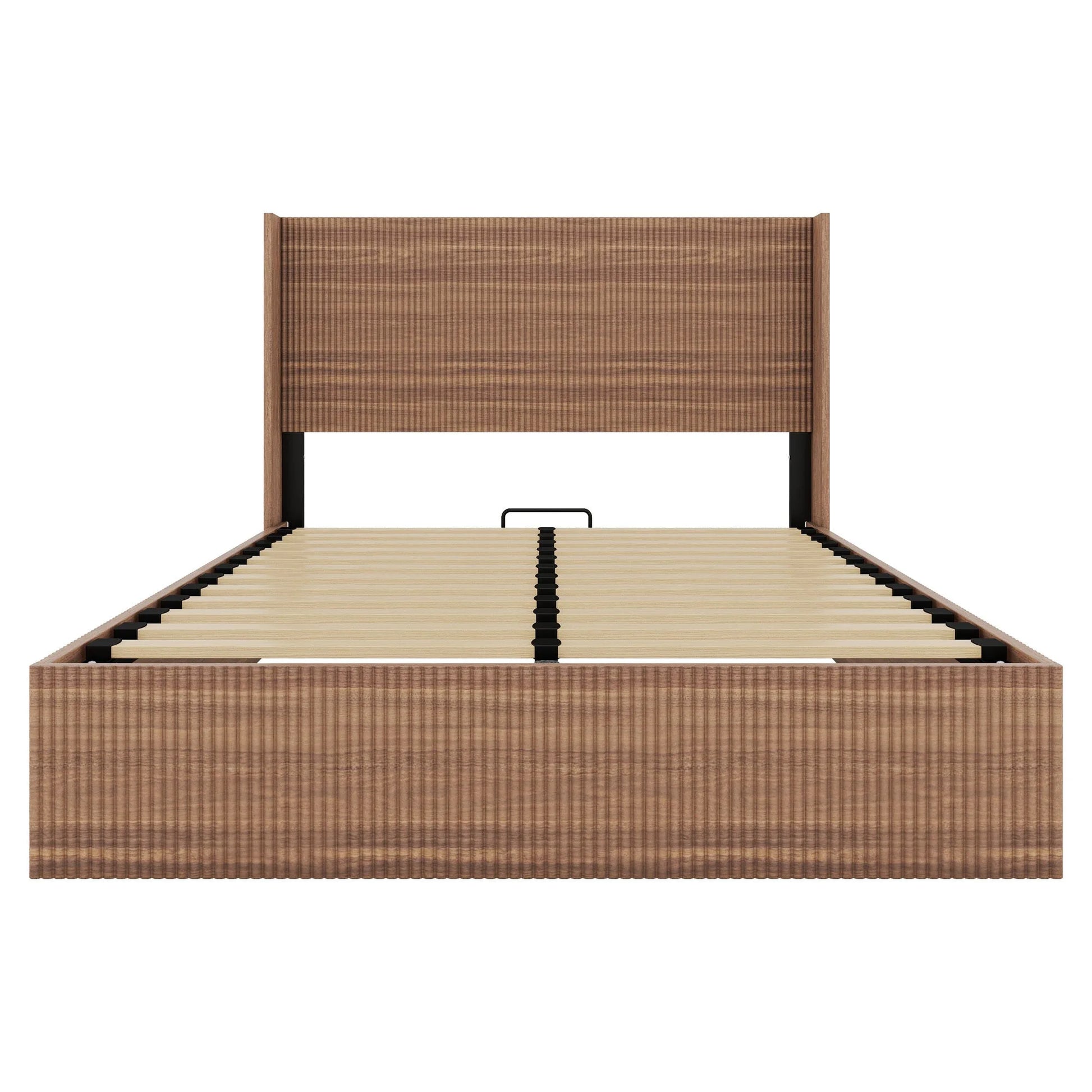 (Queen size) bed frame with a grooved and undulating lifting storage function, featuring a lifting storage feature, safe and beautiful / without noise, a wooden slat platform bed frame in a natural detail view 7