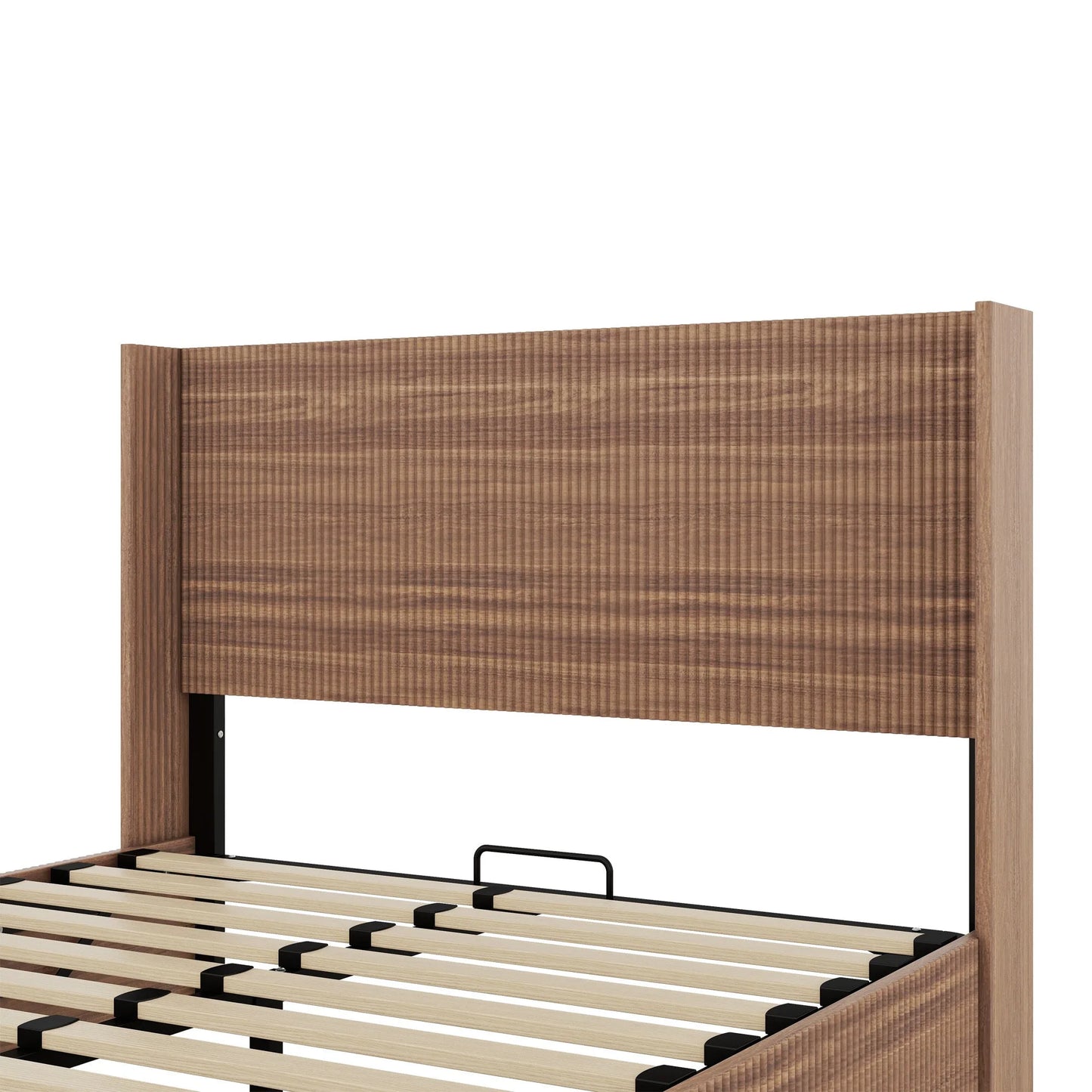 (Queen size) bed frame with a grooved and undulating lifting storage function, featuring a lifting storage feature, safe and beautiful / without noise, a wooden slat platform bed frame in a natural detail view 8