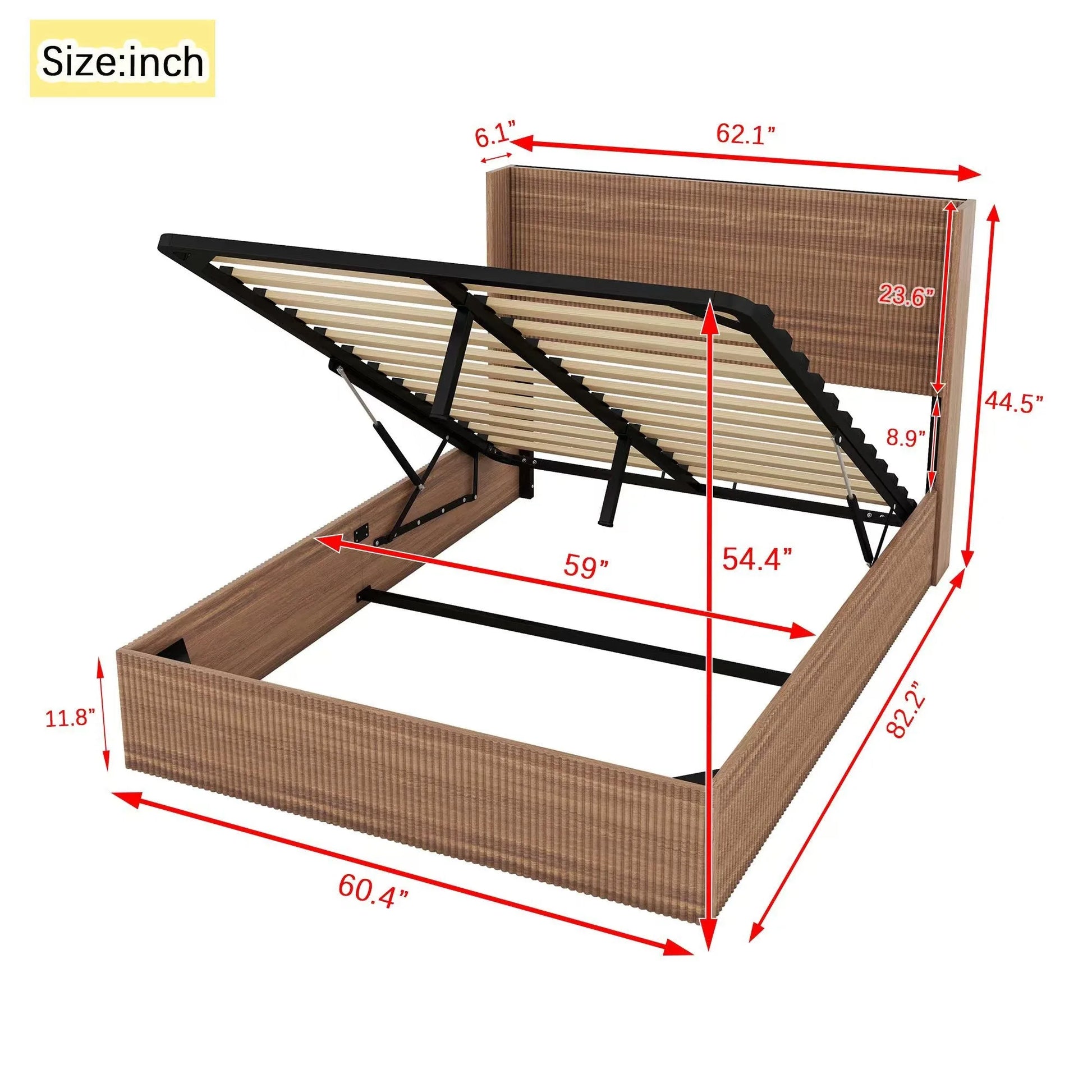 (Queen size) bed frame with a grooved and undulating lifting storage function, featuring a lifting storage feature, safe and beautiful / without noise, a wooden slat platform bed frame in a natural detail view 10