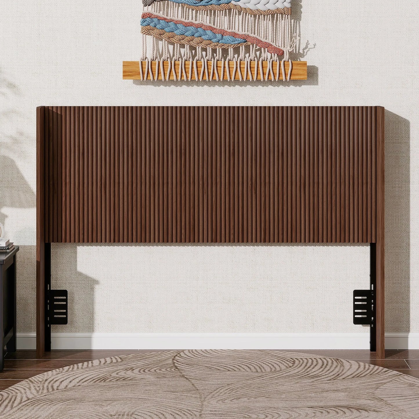 Walnut Fluted Wood Headboard with Adjustable Metal Brackets, Brown, Queen lifestyle view