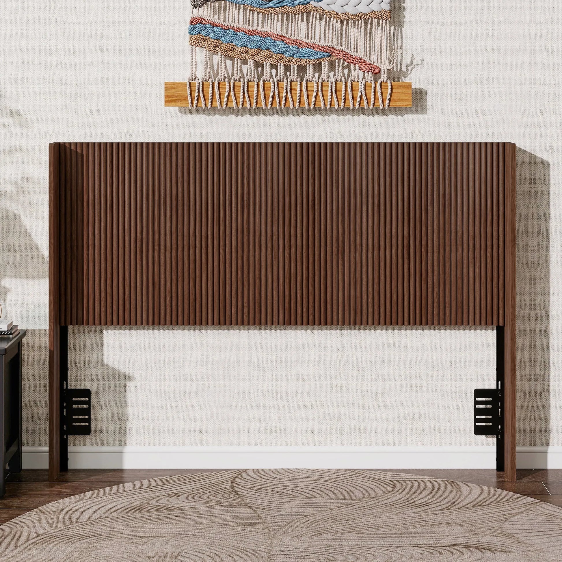 Walnut Fluted Wood Headboard with Adjustable Metal Brackets, Brown, Queen lifestyle view