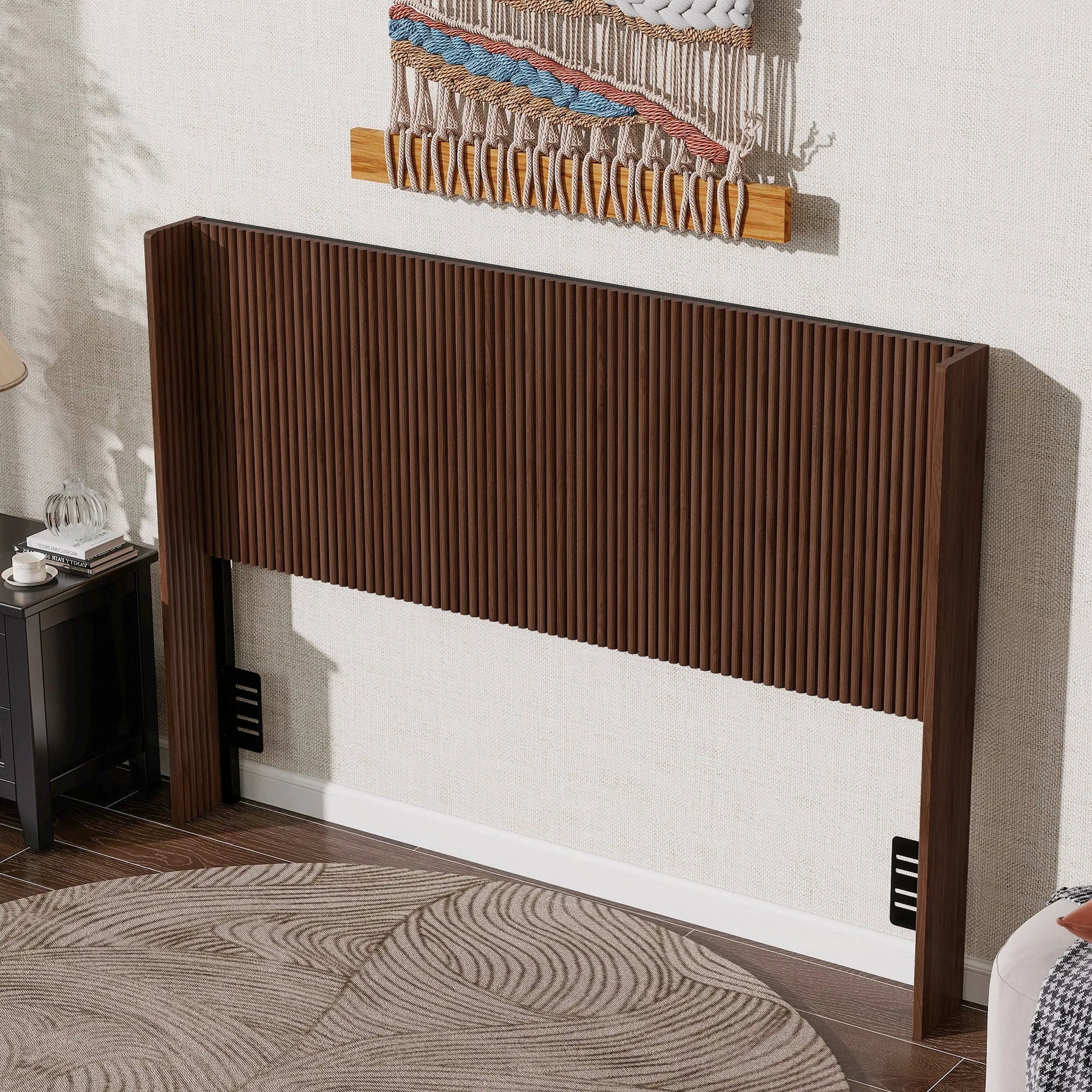 Walnut Fluted Wood Headboard with Adjustable Metal Brackets, Brown, Queen detail view 2