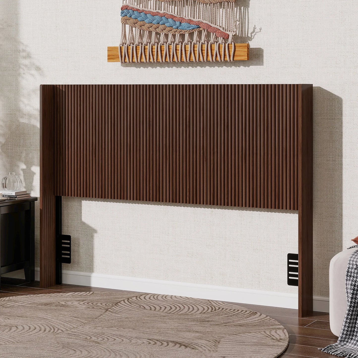 Walnut Fluted Wood Headboard with Adjustable Metal Brackets, Brown, Queen detail view 3