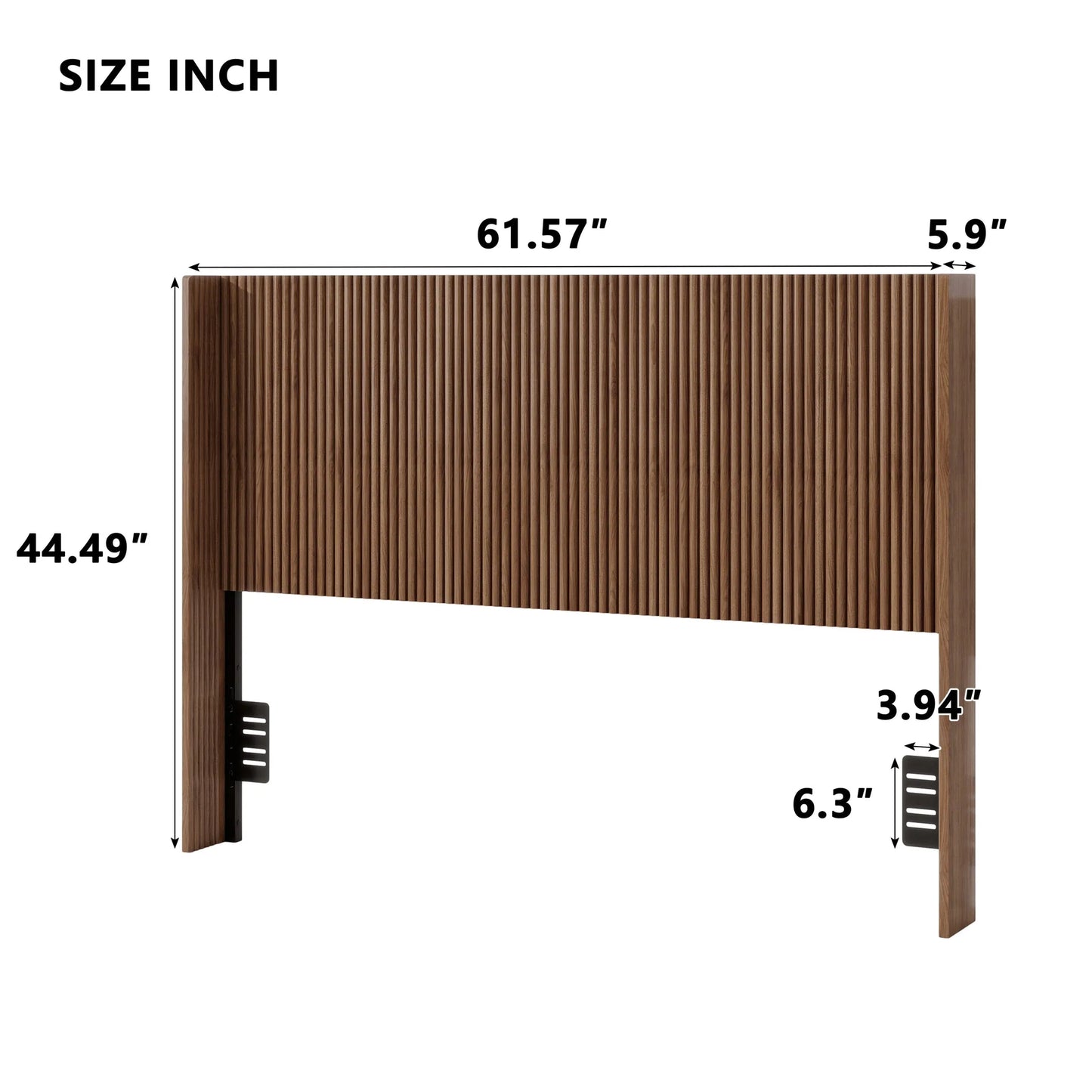 Walnut Fluted Wood Headboard with Adjustable Metal Brackets, Brown, Queen detail view 8