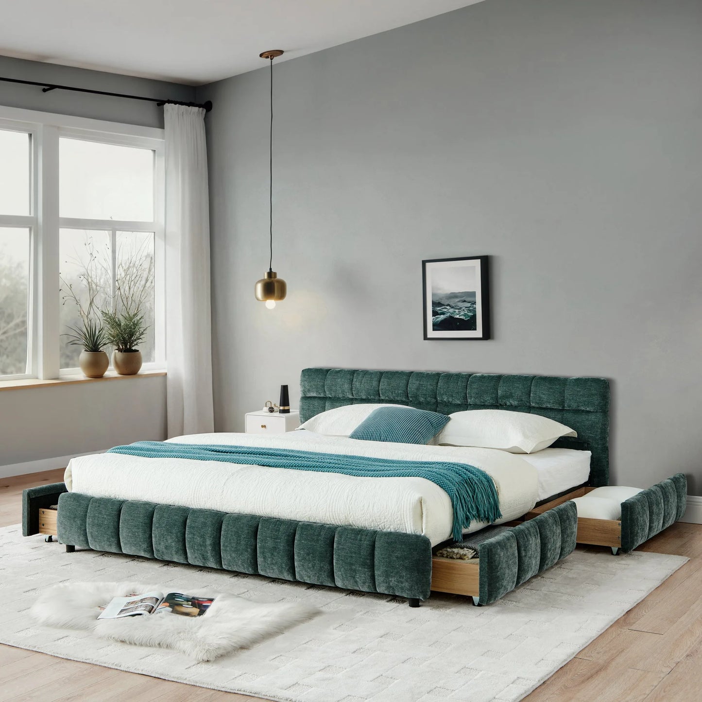 California King size Upholstered Bed, comfortable upholstered bed frame, Chenille fabric, with headboard and solid bed frame. With drawer for storage.-Blue Green(90.5''*80.5''*31'') lifestyle view