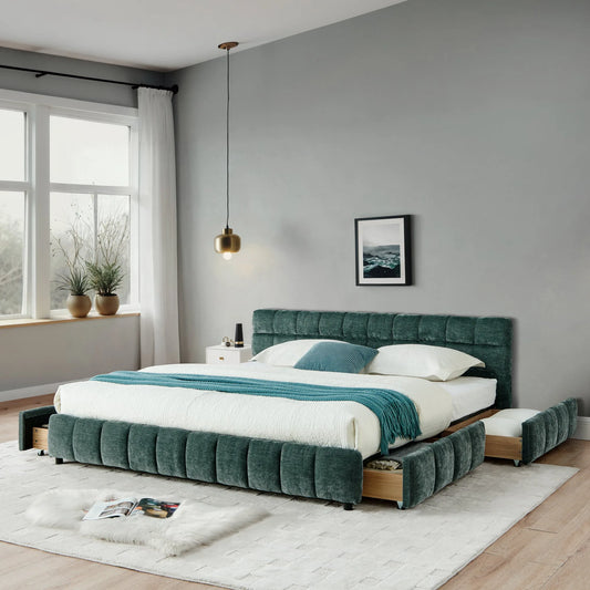 California King size Upholstered Bed, comfortable upholstered bed frame, Chenille fabric, with headboard and solid bed frame. With drawer for storage.-Blue Green(90.5''*80.5''*31'') lifestyle view