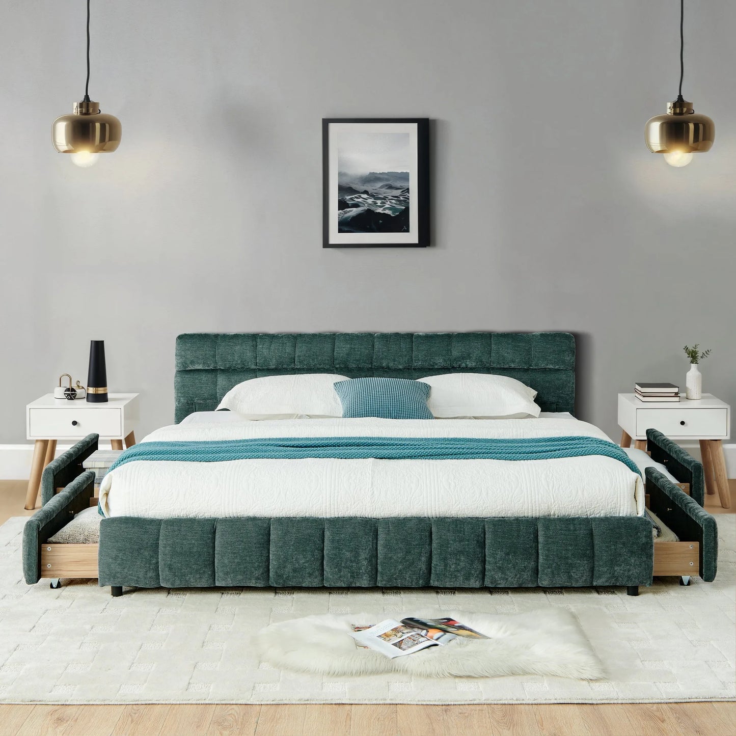 California King size Upholstered Bed, comfortable upholstered bed frame, Chenille fabric, with headboard and solid bed frame. With drawer for storage.-Blue Green(90.5''*80.5''*31'') detail view 3