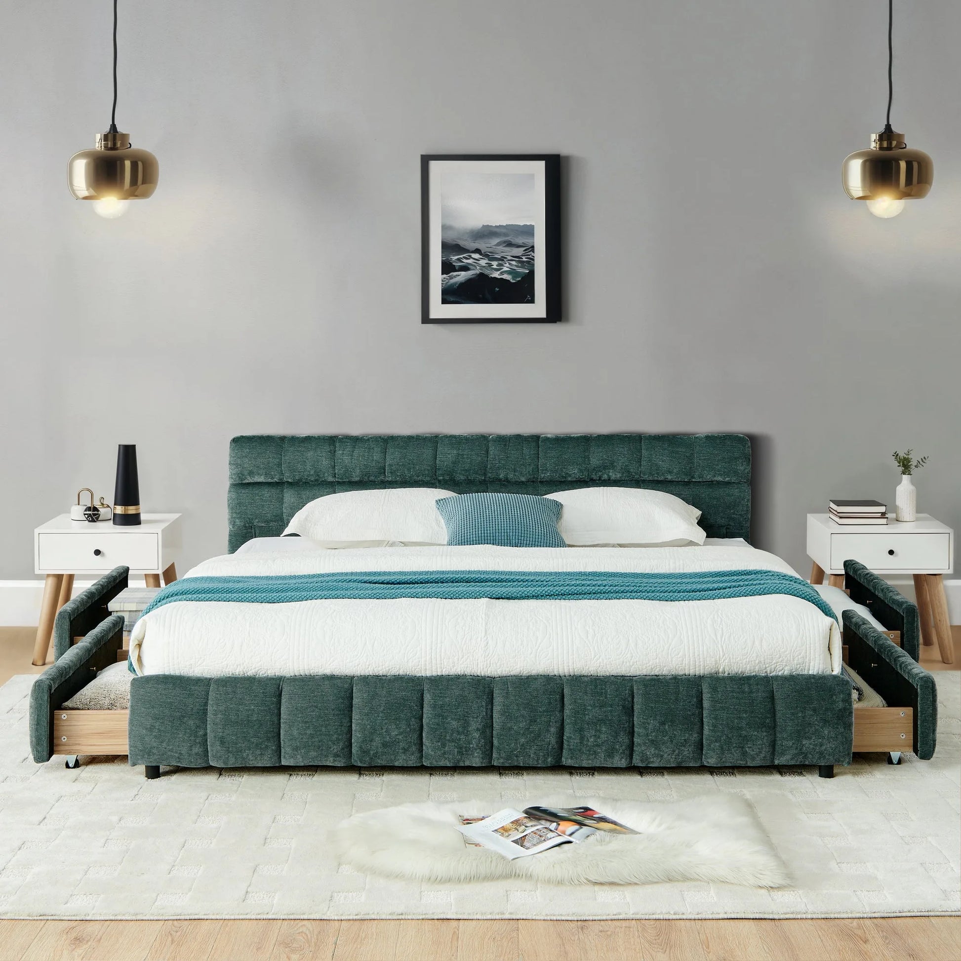 California King size Upholstered Bed, comfortable upholstered bed frame, Chenille fabric, with headboard and solid bed frame. With drawer for storage.-Blue Green(90.5''*80.5''*31'') detail view 3