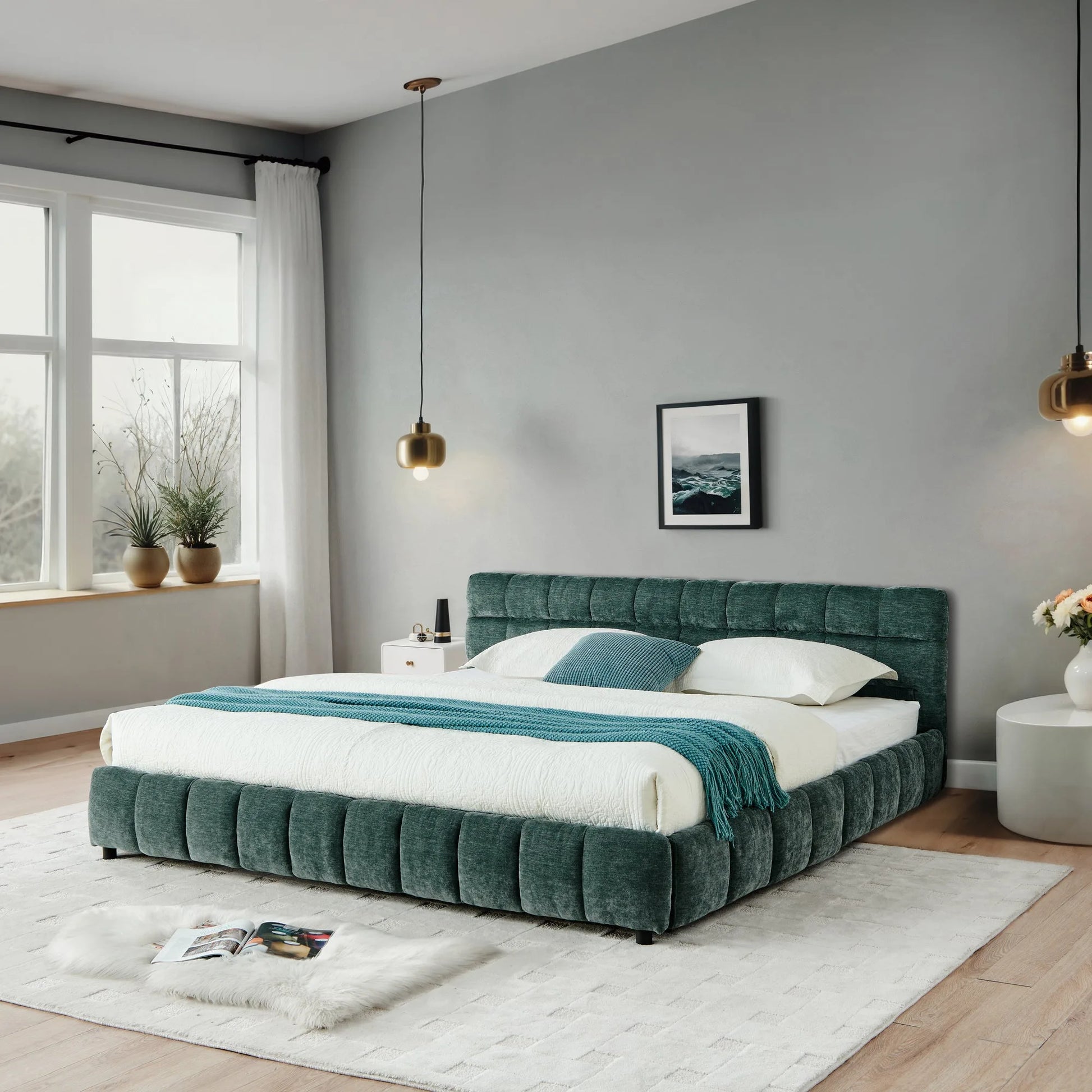California King size Upholstered Bed, comfortable upholstered bed frame, Chenille fabric, with headboard and solid bed frame. With drawer for storage.-Blue Green(90.5''*80.5''*31'') detail view 4