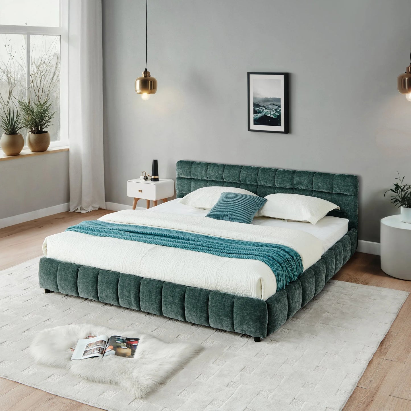California King size Upholstered Bed, comfortable upholstered bed frame, Chenille fabric, with headboard and solid bed frame. With drawer for storage.-Blue Green(90.5''*80.5''*31'') detail view 5