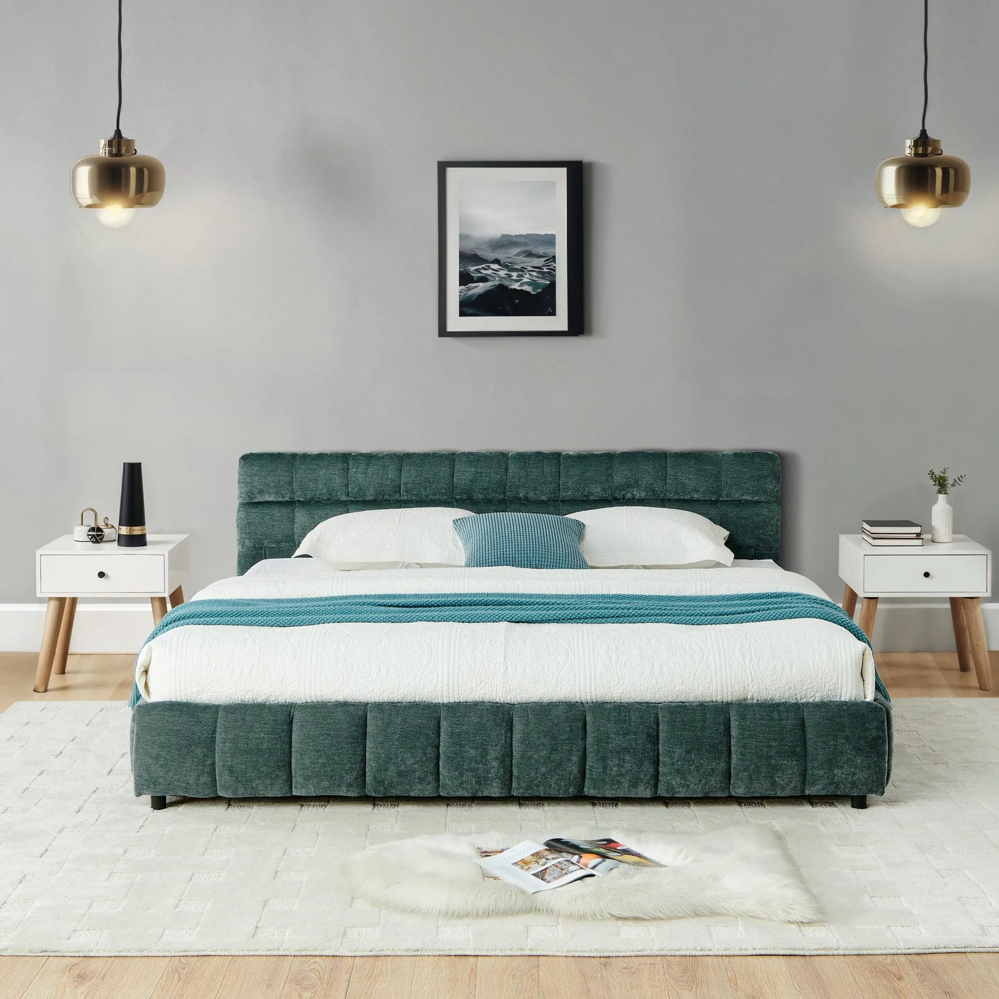 California King size Upholstered Bed, comfortable upholstered bed frame, Chenille fabric, with headboard and solid bed frame. With drawer for storage.-Blue Green(90.5''*80.5''*31'') detail view 6