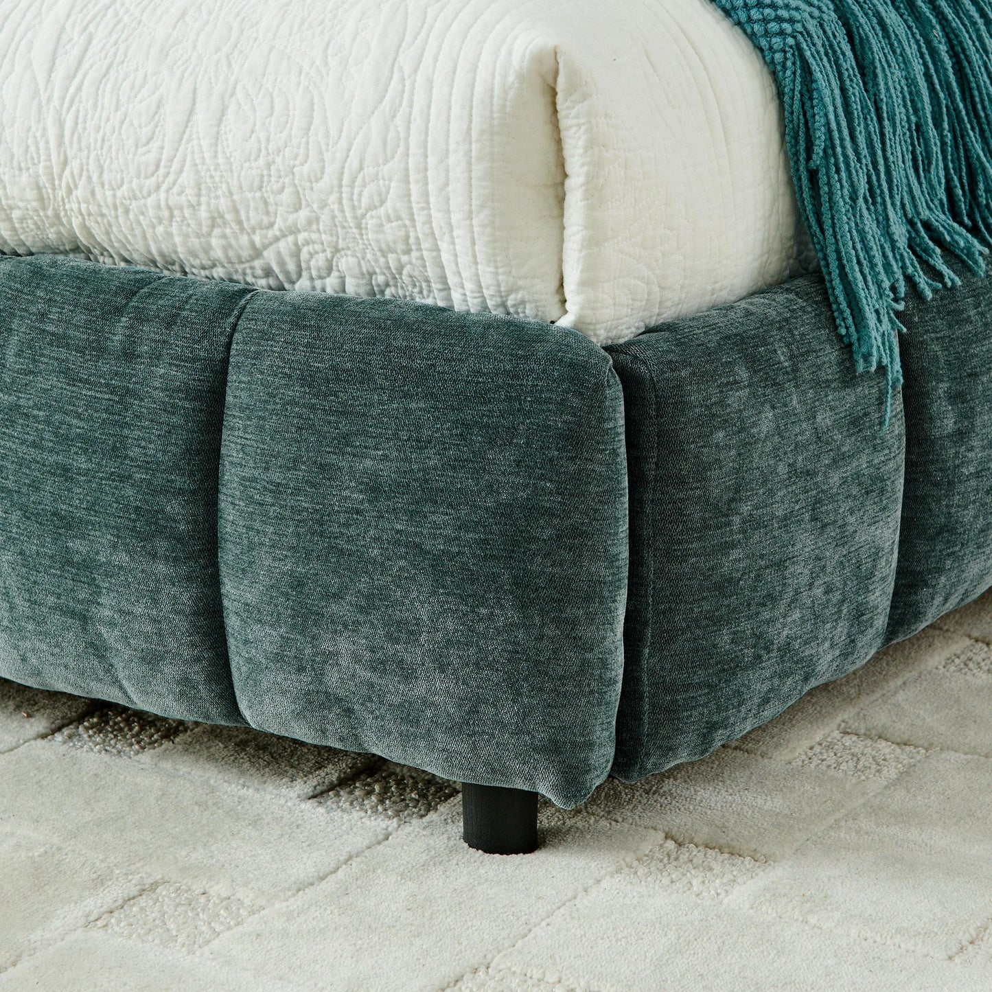 California King size Upholstered Bed, comfortable upholstered bed frame, Chenille fabric, with headboard and solid bed frame. With drawer for storage.-Blue Green(90.5''*80.5''*31'') detail view 7