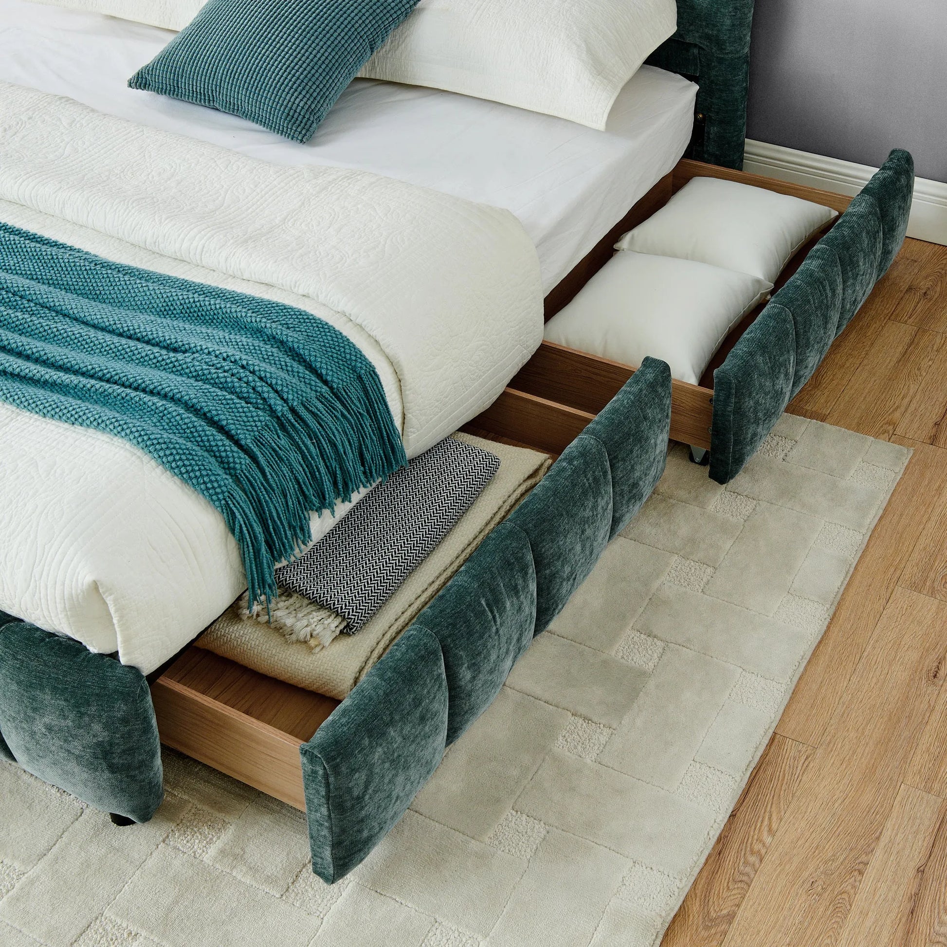 California King size Upholstered Bed, comfortable upholstered bed frame, Chenille fabric, with headboard and solid bed frame. With drawer for storage.-Blue Green(90.5''*80.5''*31'') detail view 9