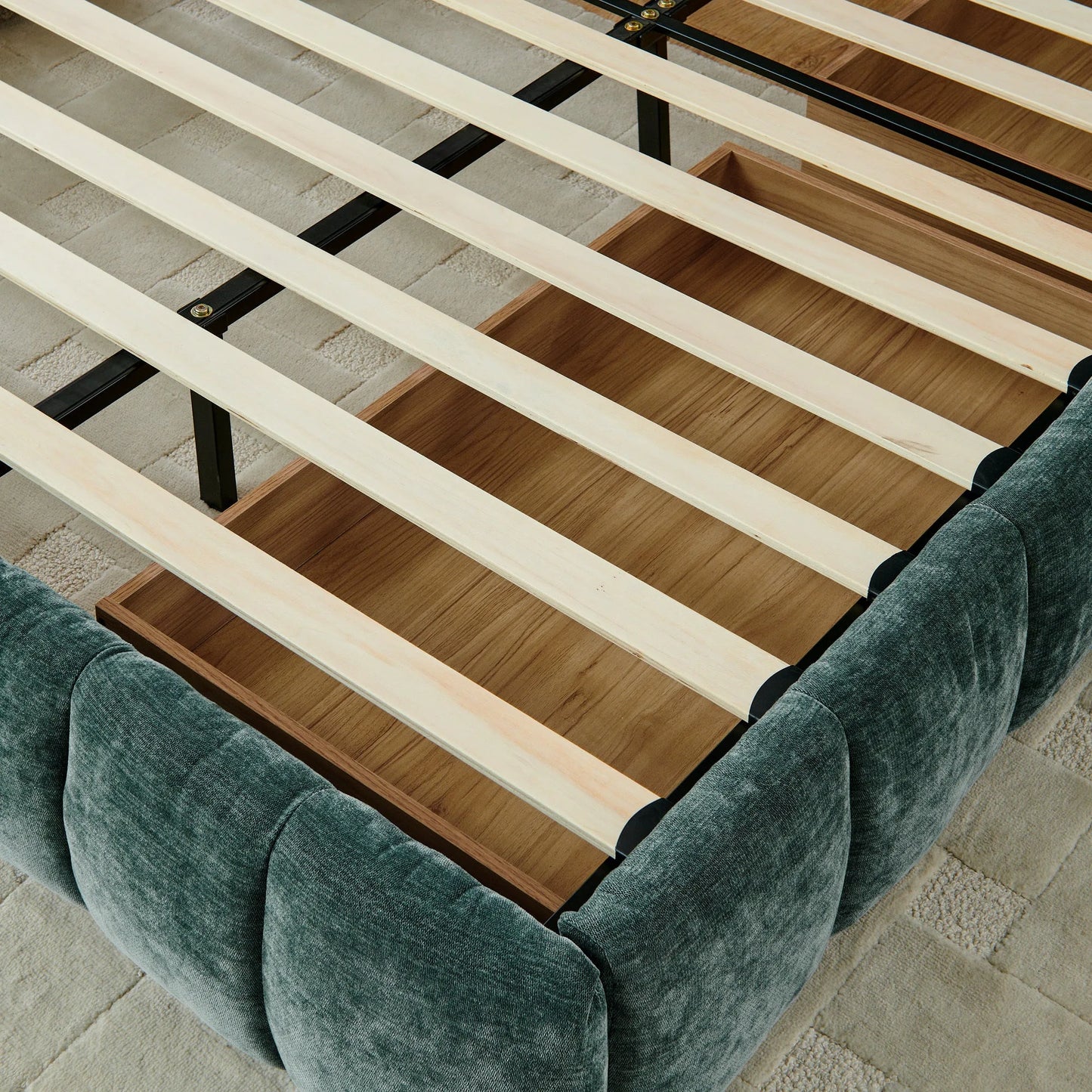 California King size Upholstered Bed, comfortable upholstered bed frame, Chenille fabric, with headboard and solid bed frame. With drawer for storage.-Blue Green(90.5''*80.5''*31'') detail view 11