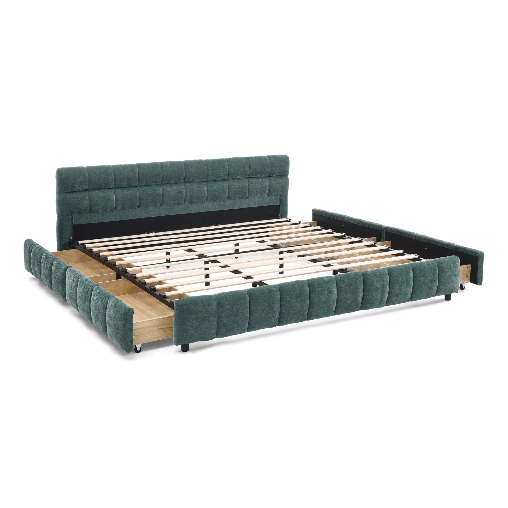 California King size Upholstered Bed, comfortable upholstered bed frame, Chenille fabric, with headboard and solid bed frame. With drawer for storage.-Blue Green(90.5''*80.5''*31'') detail view 14