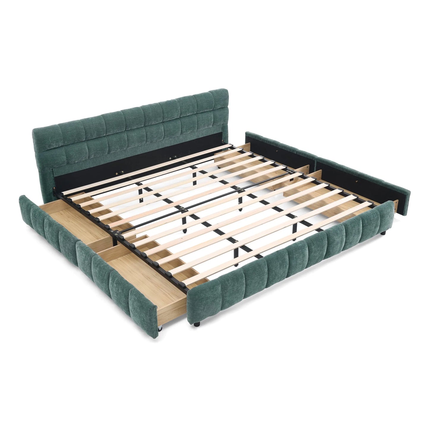California King size Upholstered Bed, comfortable upholstered bed frame, Chenille fabric, with headboard and solid bed frame. With drawer for storage.-Blue Green(90.5''*80.5''*31'') detail view 15