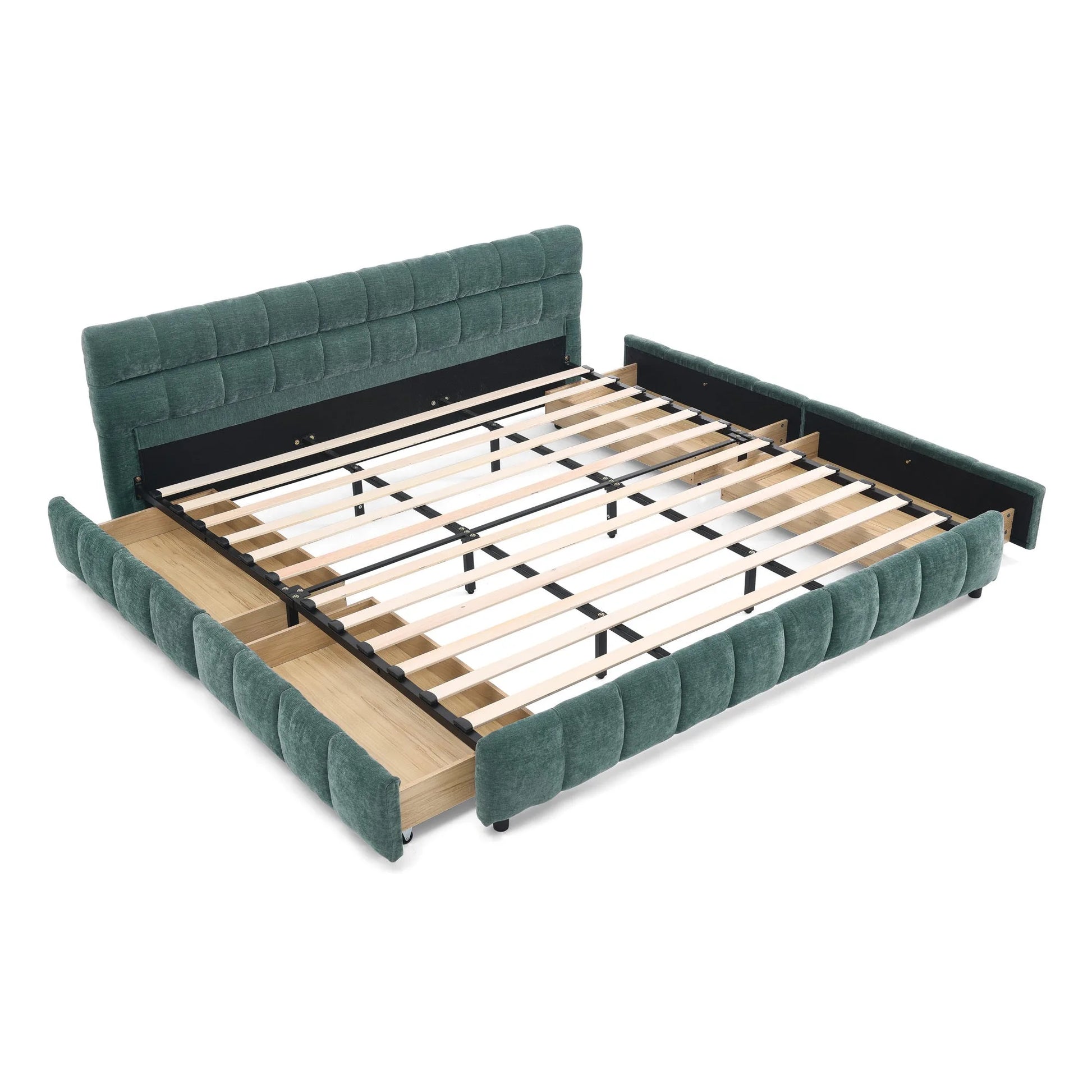 California King size Upholstered Bed, comfortable upholstered bed frame, Chenille fabric, with headboard and solid bed frame. With drawer for storage.-Blue Green(90.5''*80.5''*31'') detail view 15