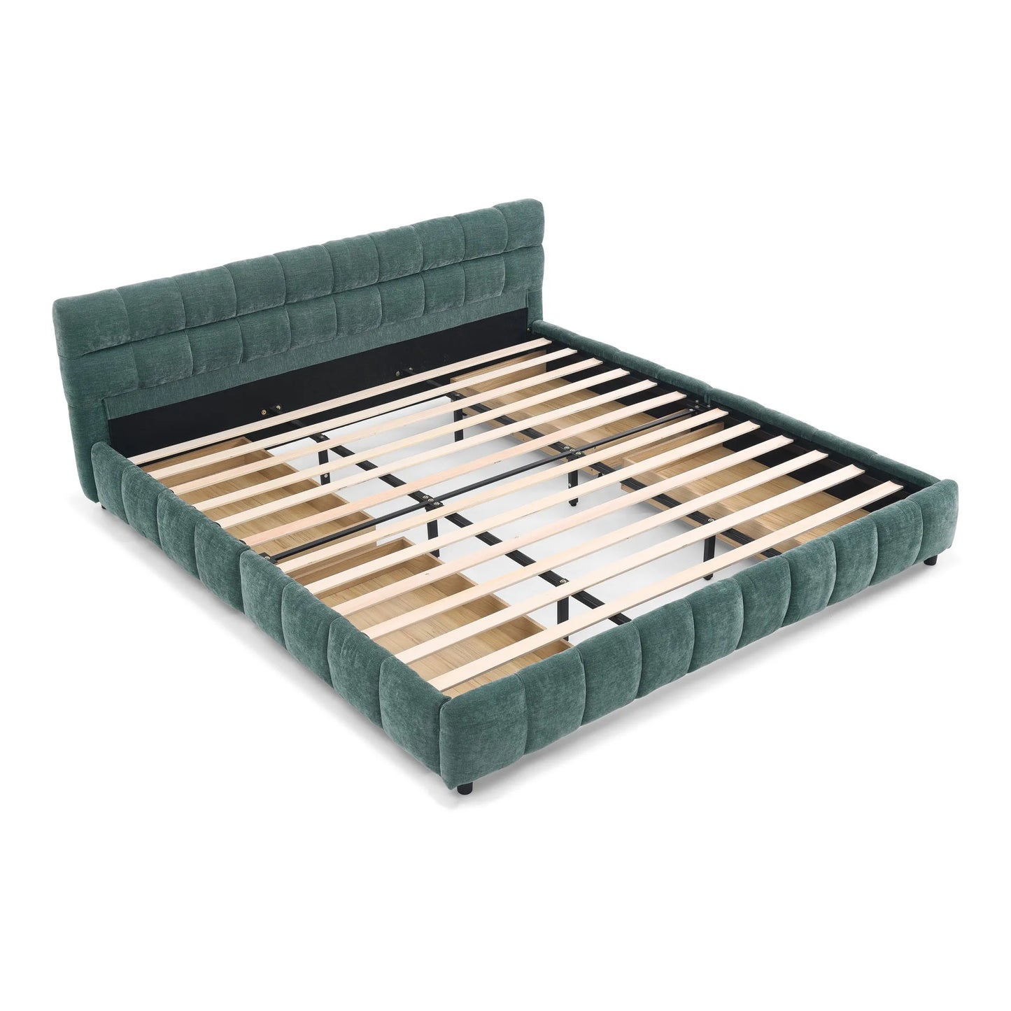 California King size Upholstered Bed, comfortable upholstered bed frame, Chenille fabric, with headboard and solid bed frame. With drawer for storage.-Blue Green(90.5''*80.5''*31'') detail view 16