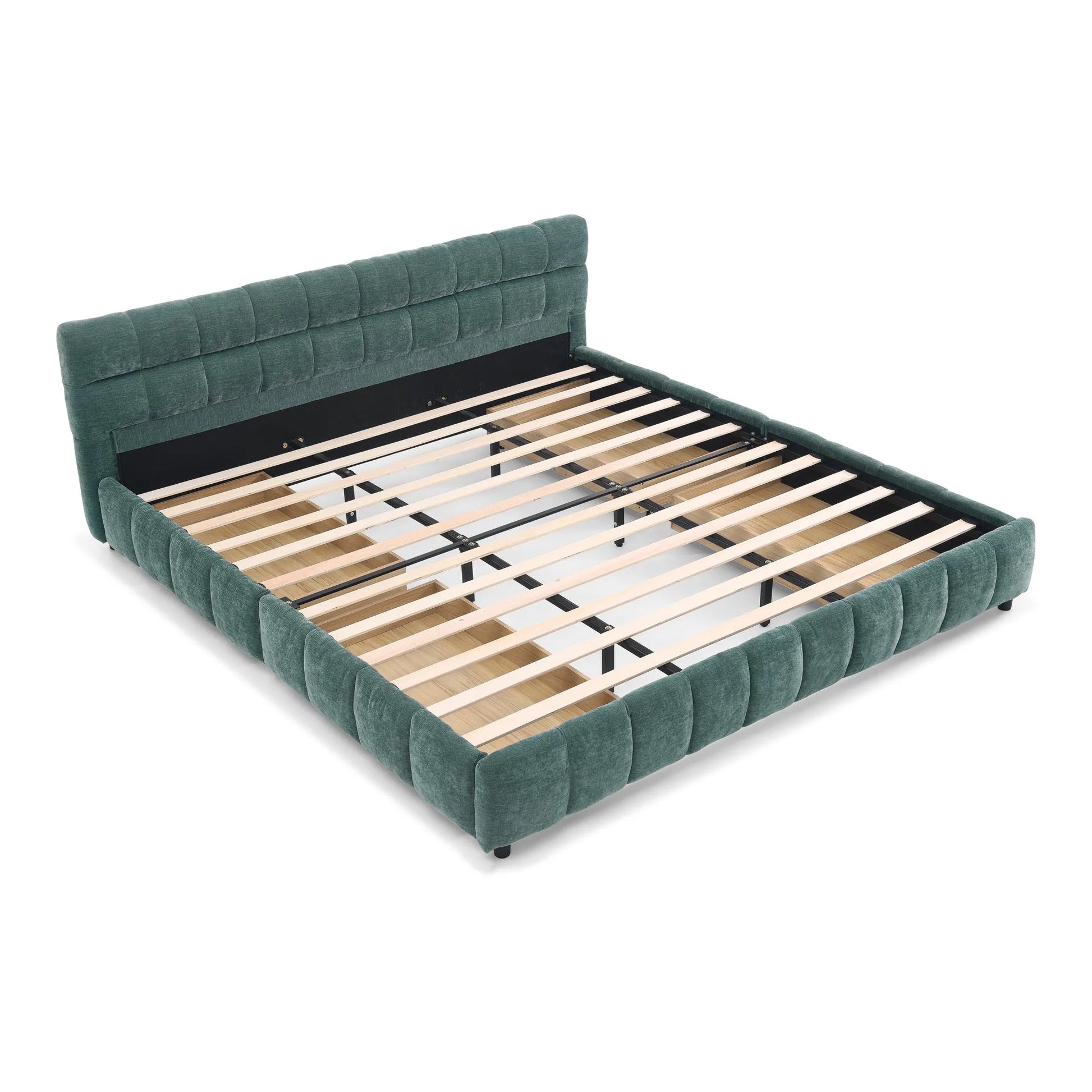 California King size Upholstered Bed, comfortable upholstered bed frame, Chenille fabric, with headboard and solid bed frame. With drawer for storage.-Blue Green(90.5''*80.5''*31'') detail view 16