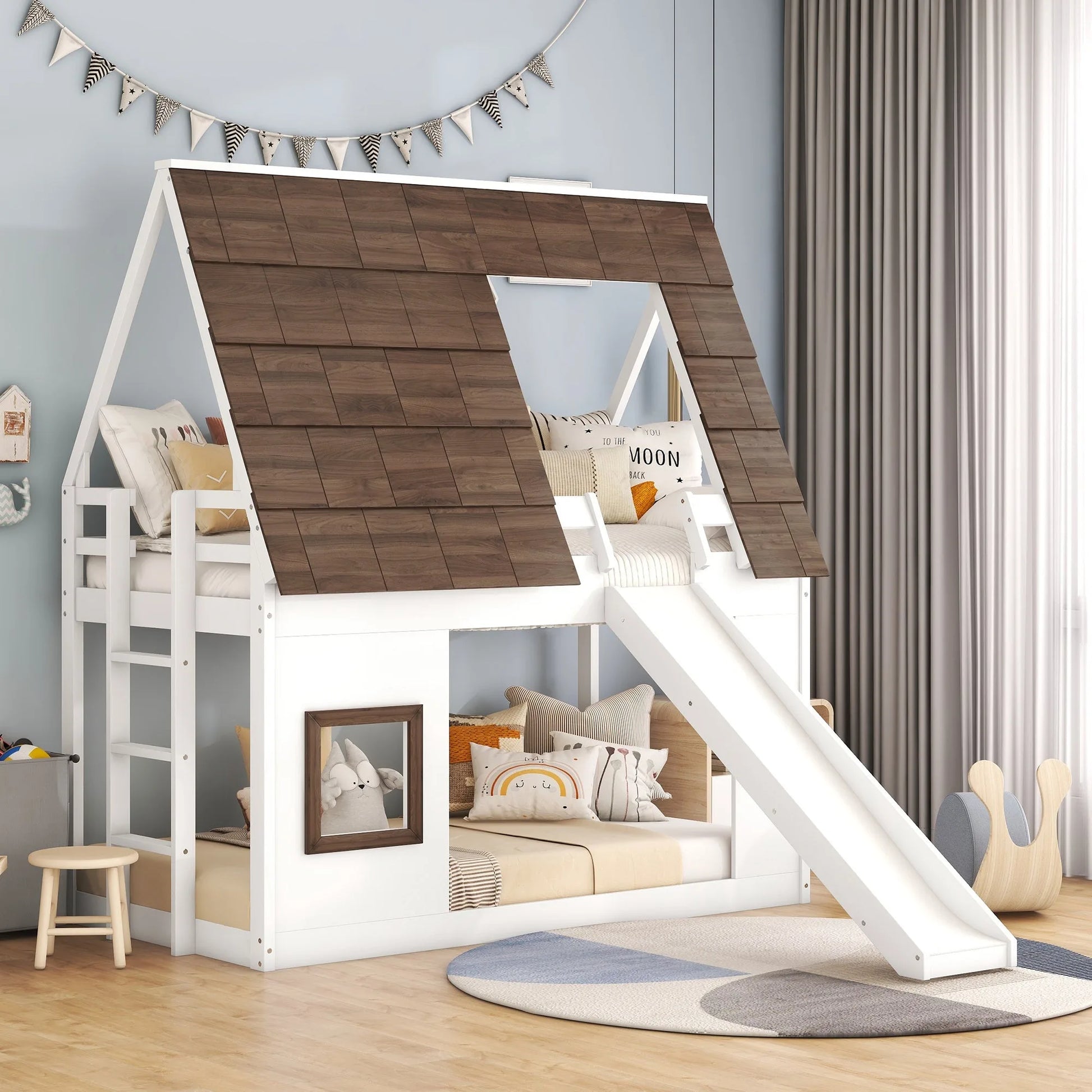 Hearth & Haven Bunk Twin Bed with House Roof, Ladder and Slide, White and Brown lifestyle view