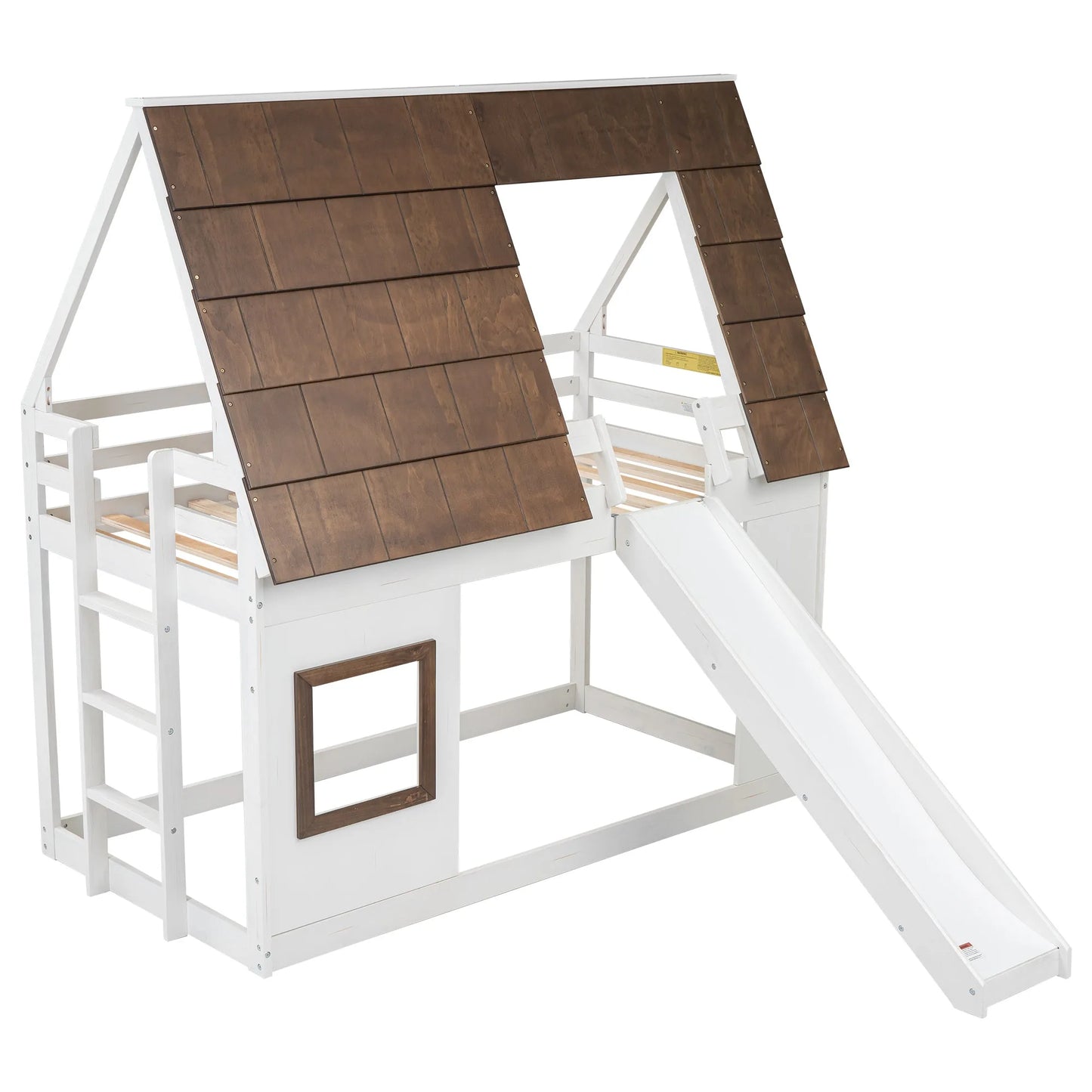 Hearth & Haven Bunk Twin Bed with House Roof, Ladder and Slide, White and Brown detail view 2