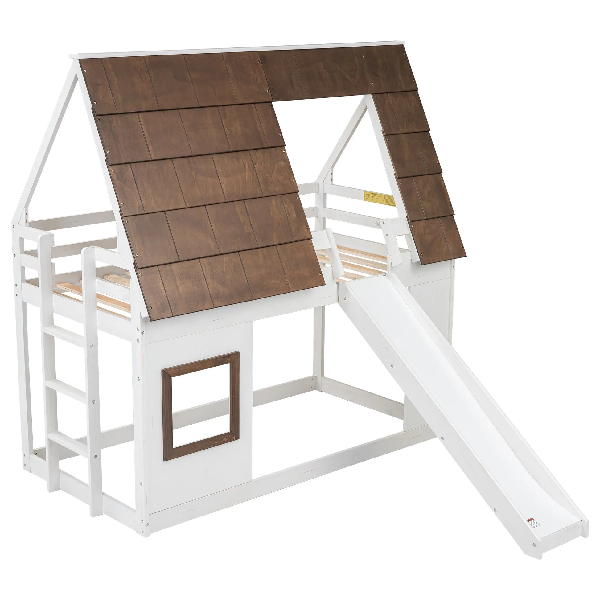 Hearth & Haven Bunk Twin Bed with House Roof, Ladder and Slide, White and Brown detail view 2