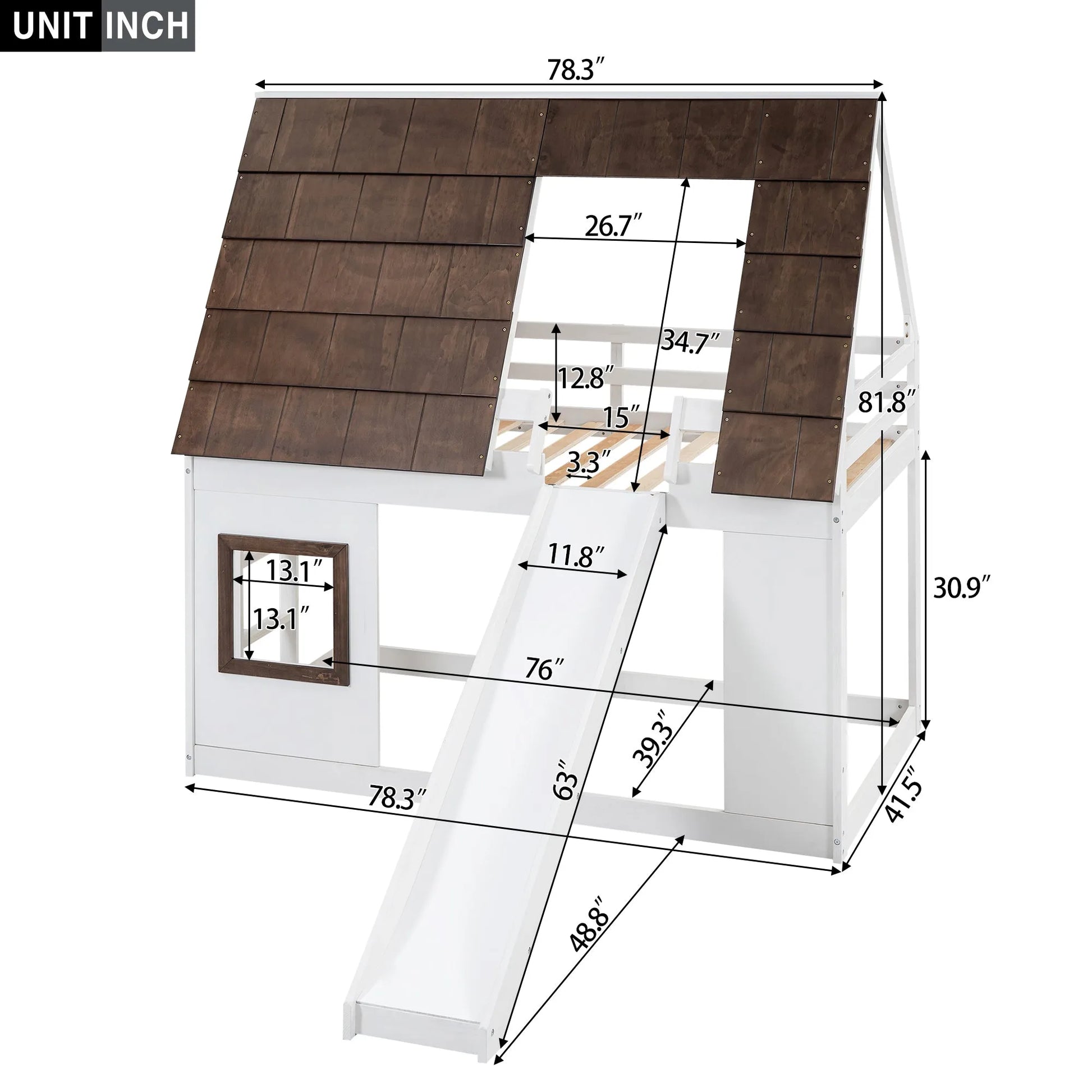Hearth & Haven Bunk Twin Bed with House Roof, Ladder and Slide, White and Brown detail view 3