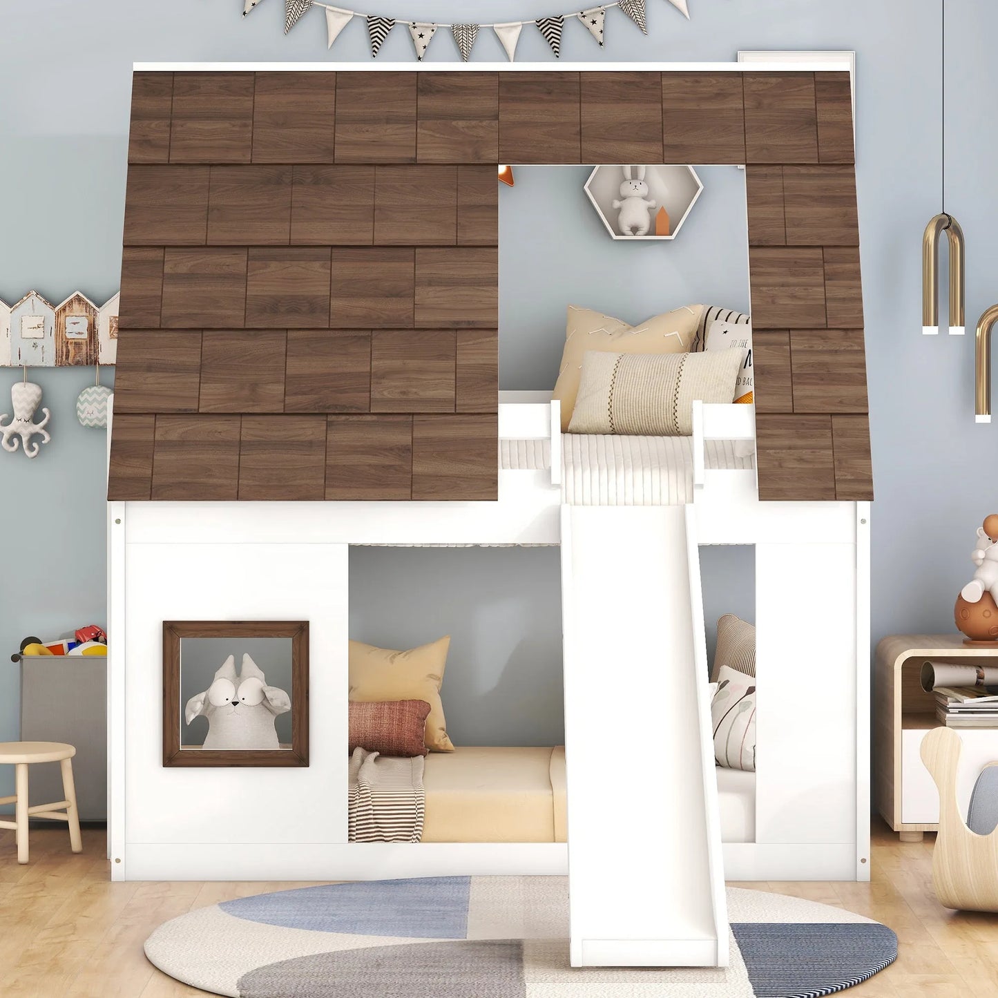 Hearth & Haven Bunk Twin Bed with House Roof, Ladder and Slide, White and Brown detail view 4