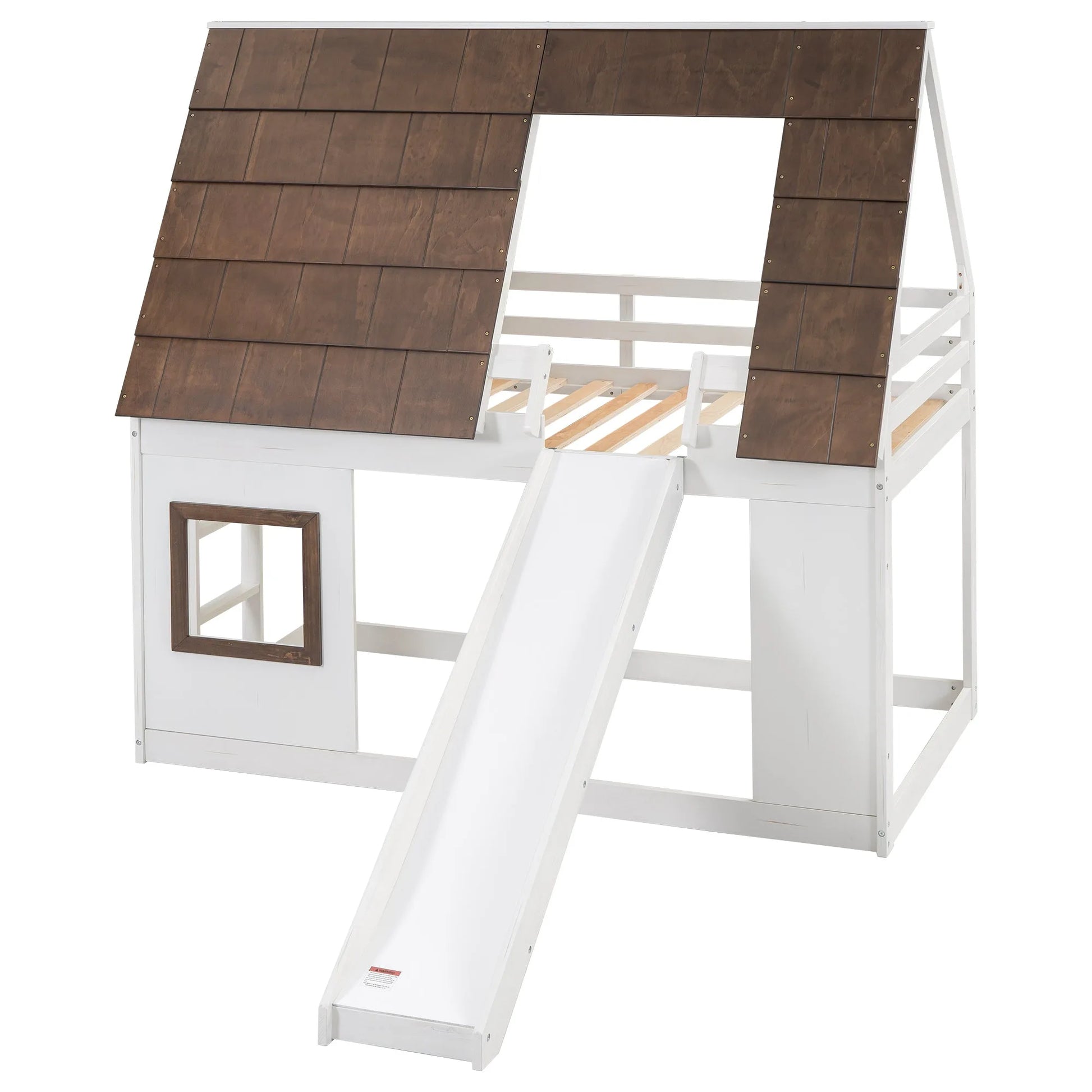 Hearth & Haven Bunk Twin Bed with House Roof, Ladder and Slide, White and Brown detail view 5