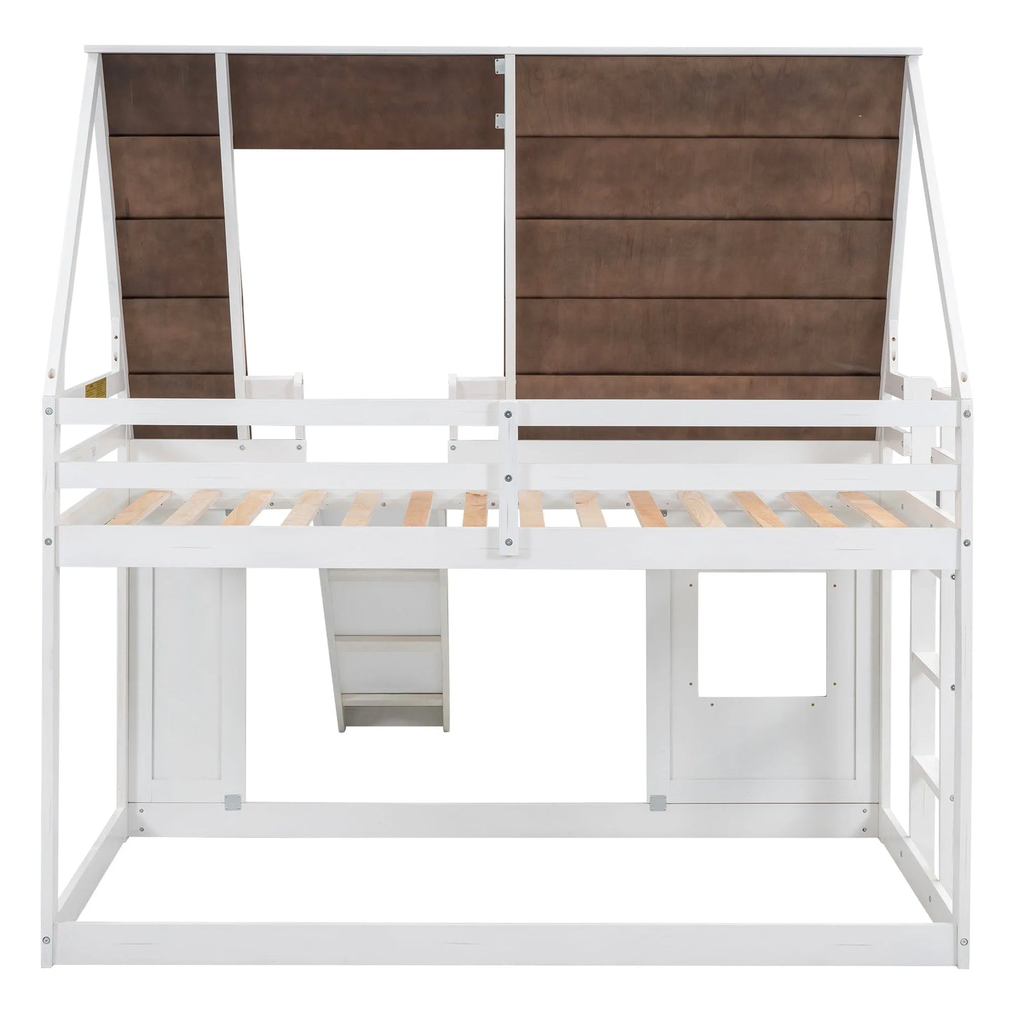 Hearth & Haven Bunk Twin Bed with House Roof, Ladder and Slide, White and Brown detail view 6