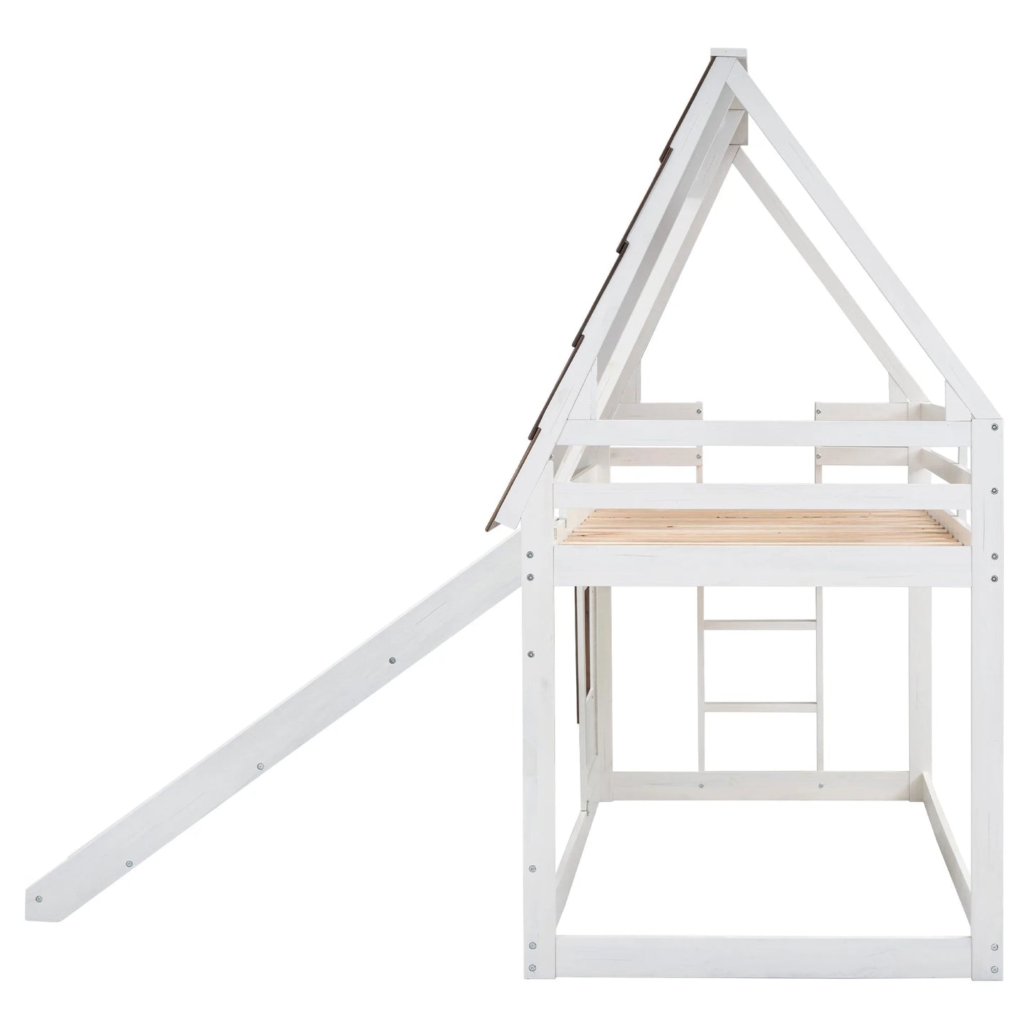 Hearth & Haven Bunk Twin Bed with House Roof, Ladder and Slide, White and Brown detail view 7