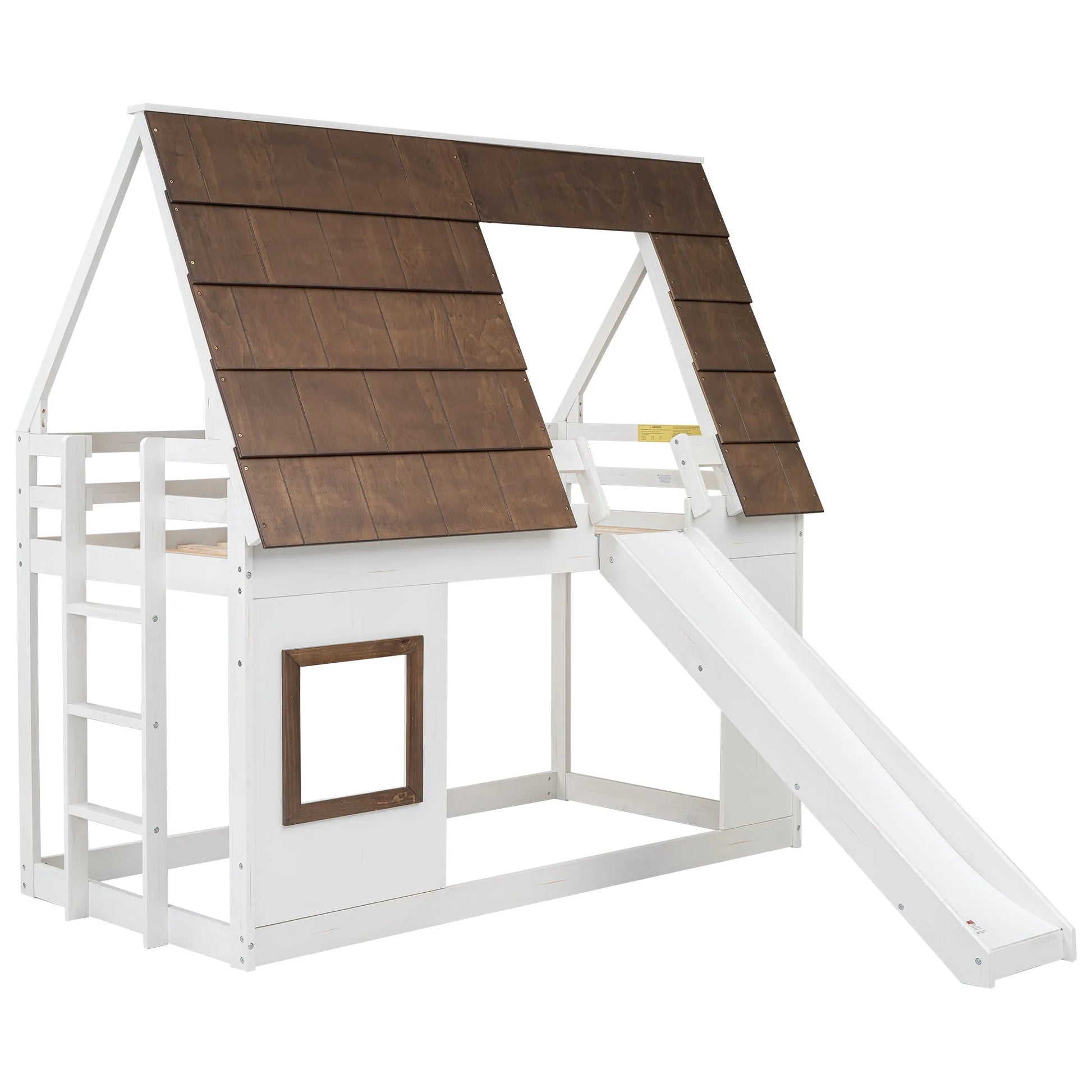 Hearth & Haven Bunk Twin Bed with House Roof, Ladder and Slide, White and Brown detail view 11