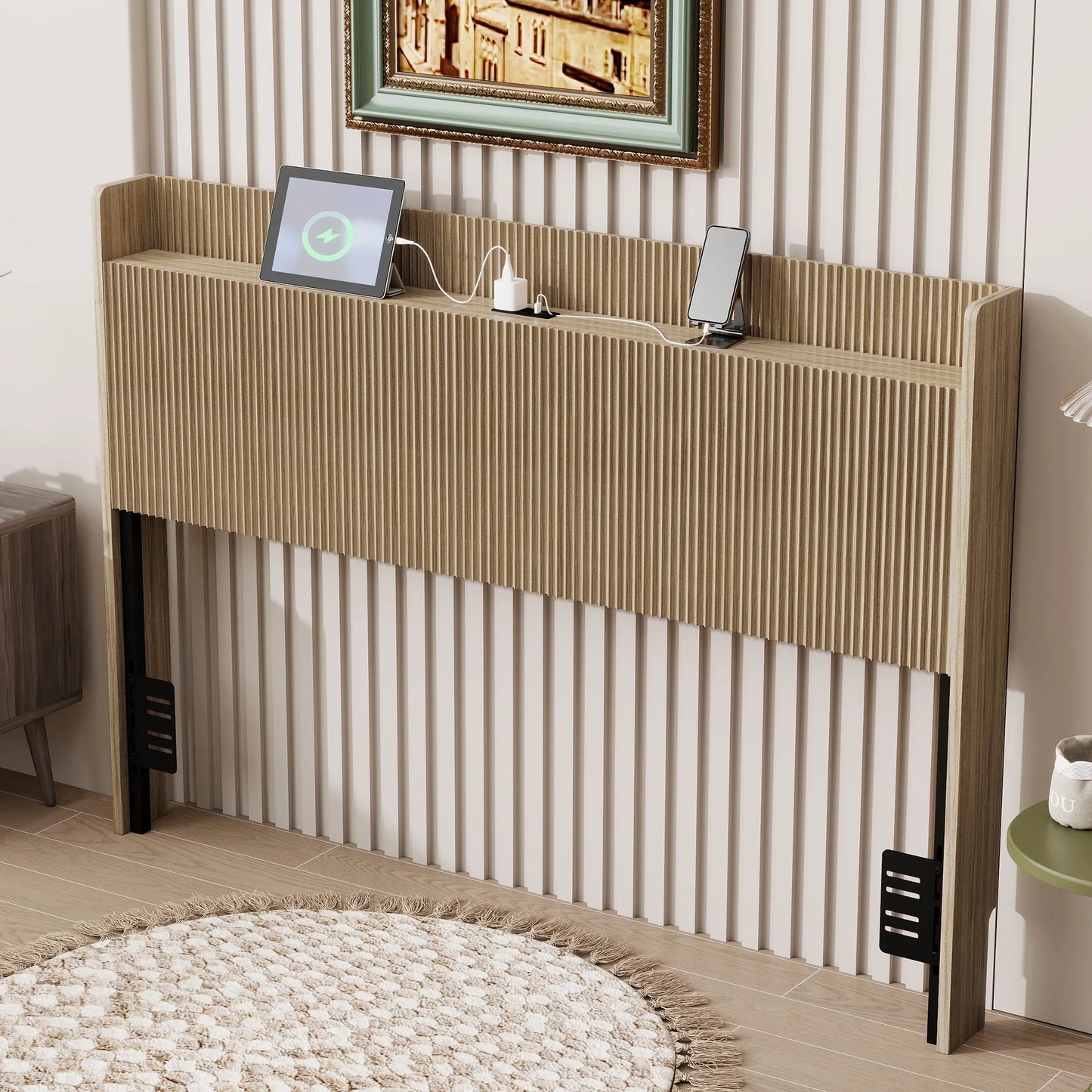 Fluted Wood Headboard with Charging Storage and Adjustable Metal Supports, Golden Oak, Queen lifestyle view