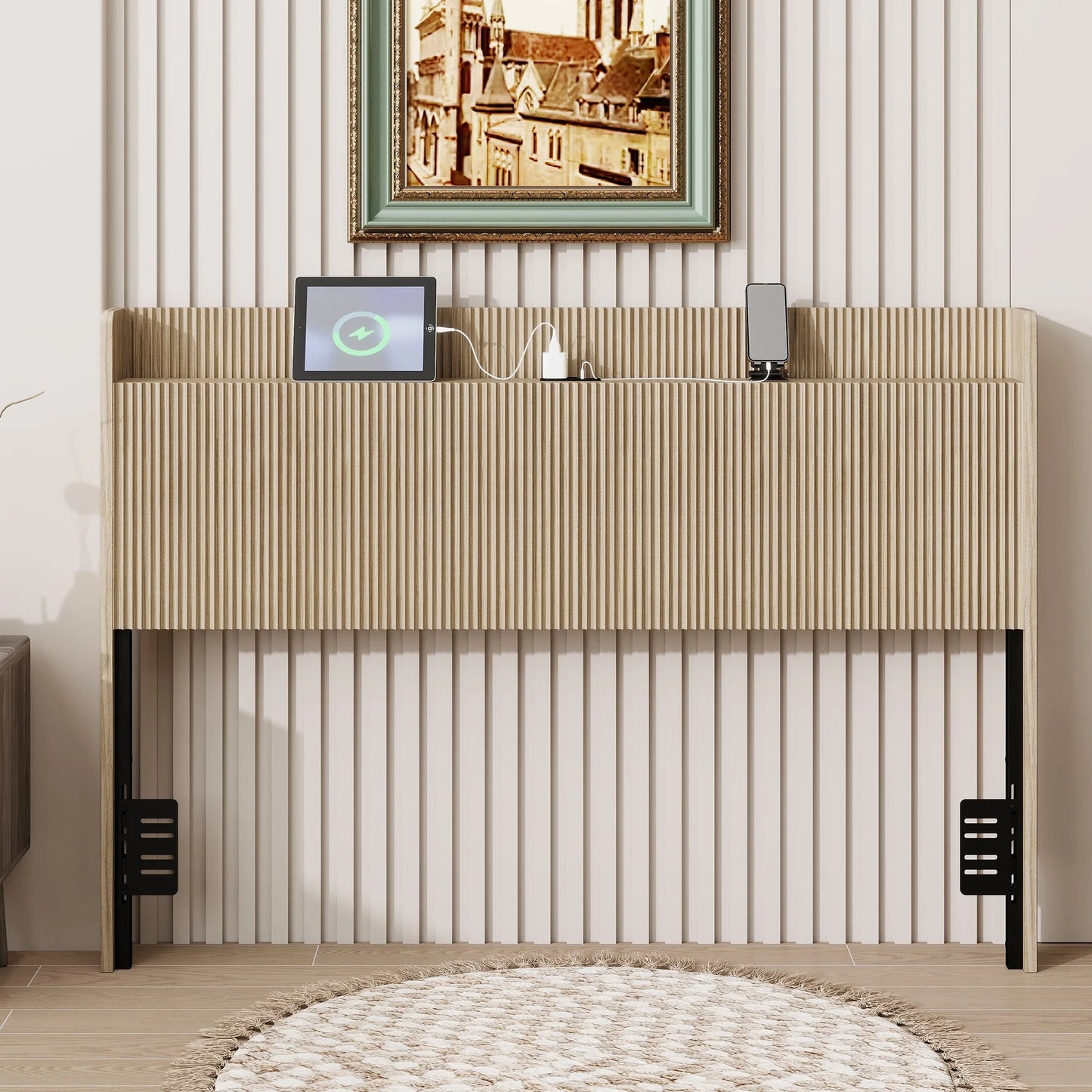 Fluted Wood Headboard with Charging Storage and Adjustable Metal Supports, Golden Oak, Queen detail view 2