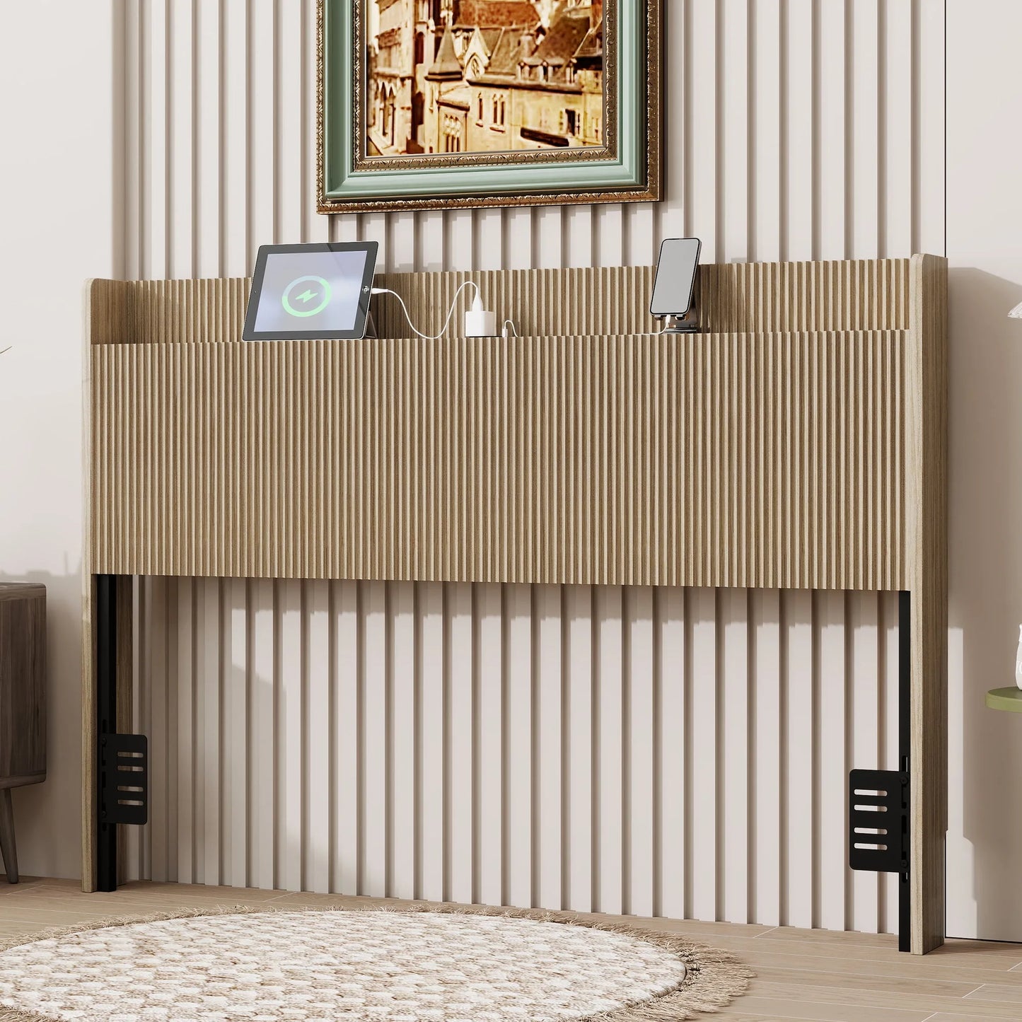 Fluted Wood Headboard with Charging Storage and Adjustable Metal Supports, Golden Oak, Queen detail view 3