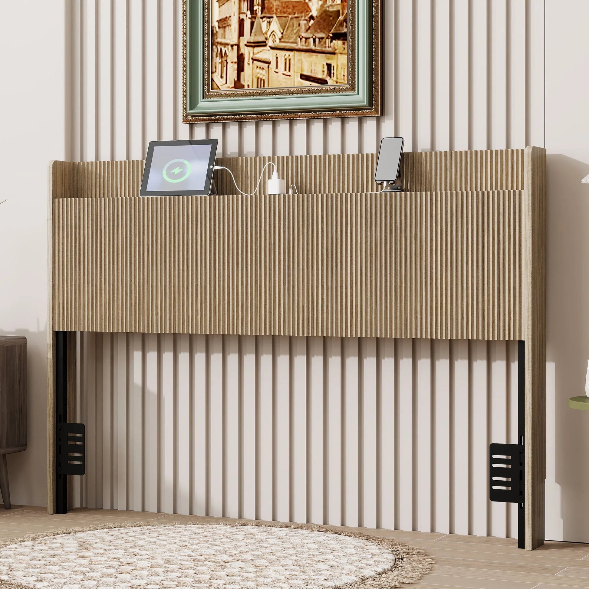 Fluted Wood Headboard with Charging Storage and Adjustable Metal Supports, Golden Oak, Queen detail view 3