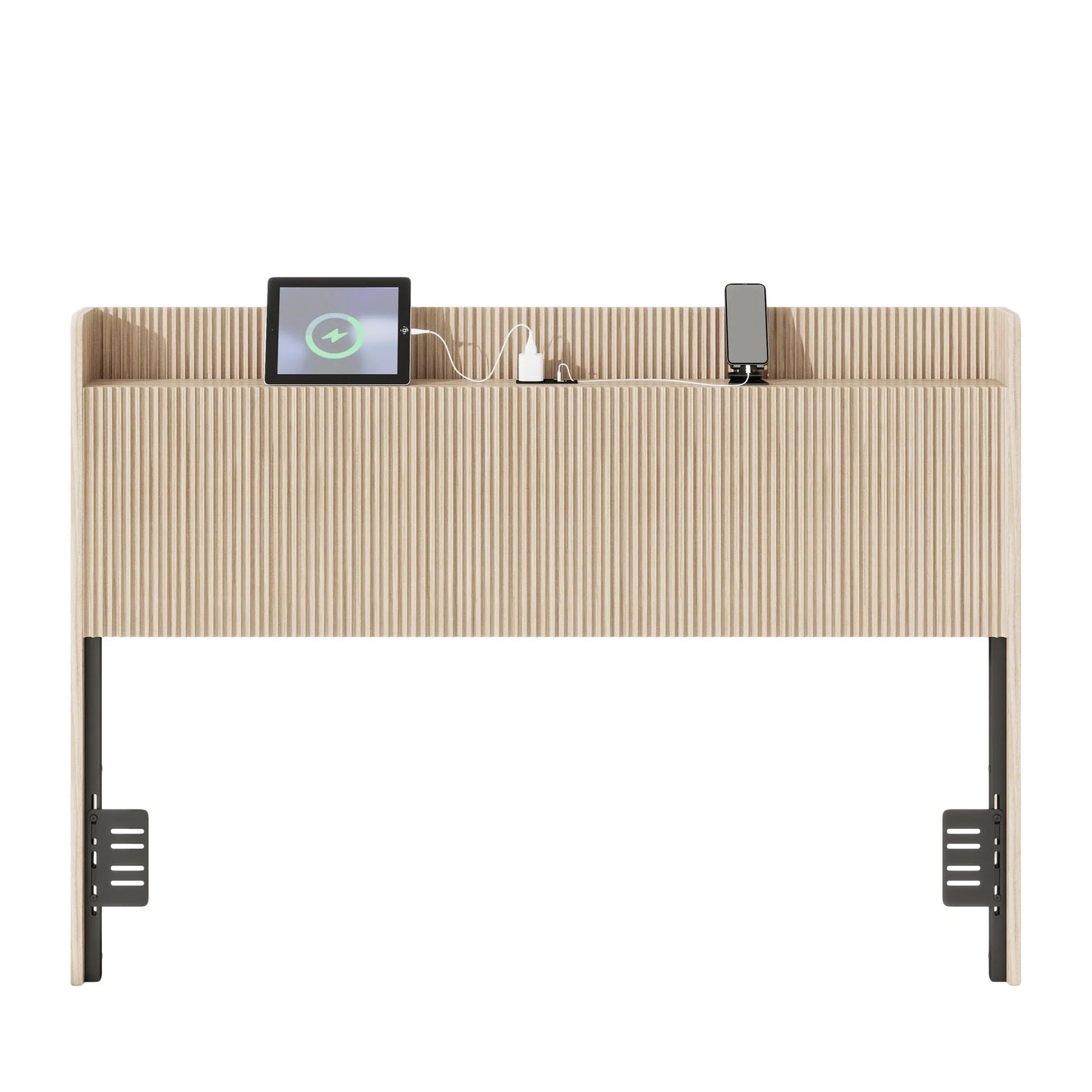 Fluted Wood Headboard with Charging Storage and Adjustable Metal Supports, Golden Oak, Queen detail view 4