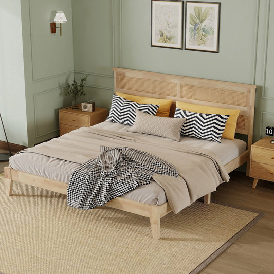 King Size Solid Wood Bed with Rattan Headboard, Rubber Wood Bed with Central Support Beams and Enhanced Feet, Natural lifestyle view