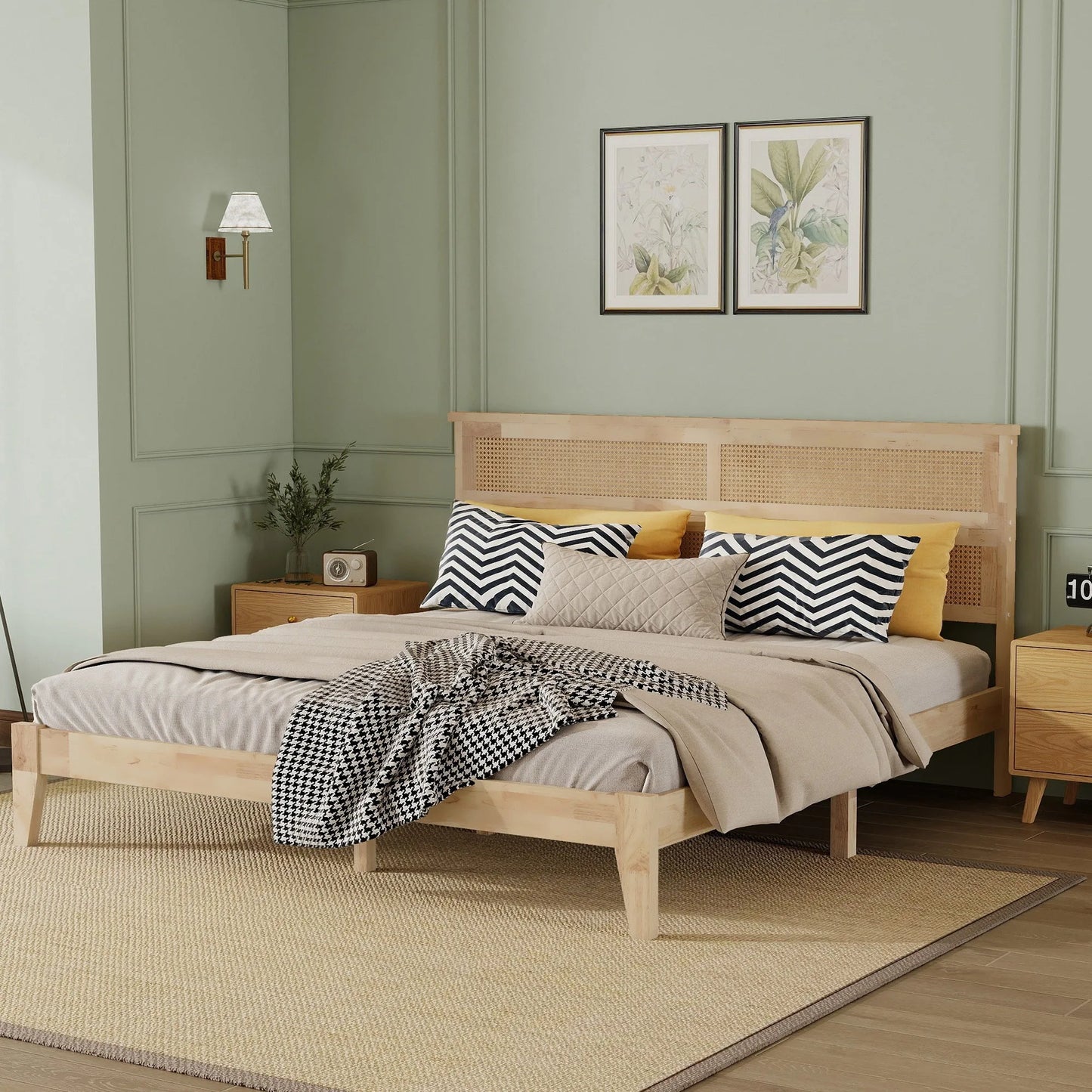 King Size Solid Wood Bed with Rattan Headboard, Rubber Wood Bed with Central Support Beams and Enhanced Feet, Natural detail view 3